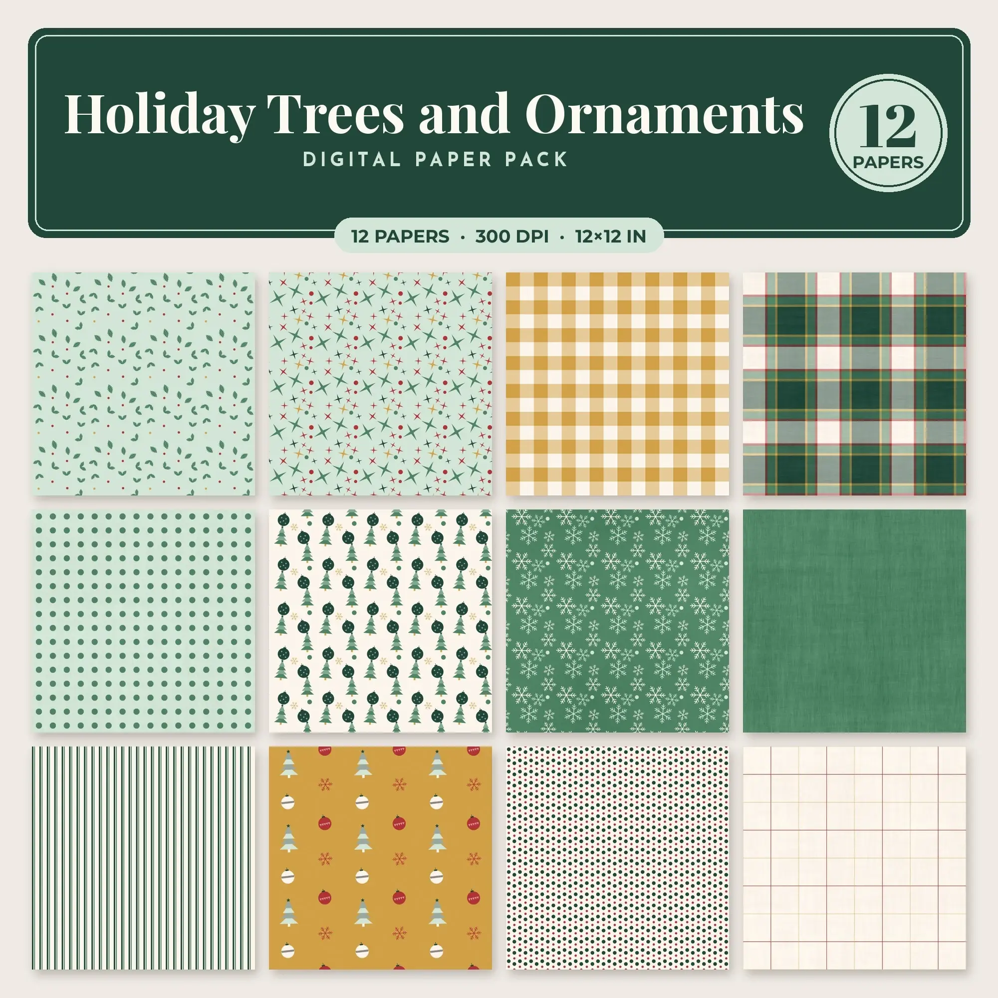 Honey Holiday Trees and Ornaments Seamless Digital Paper Pack, 12 Papers 12x12 preview