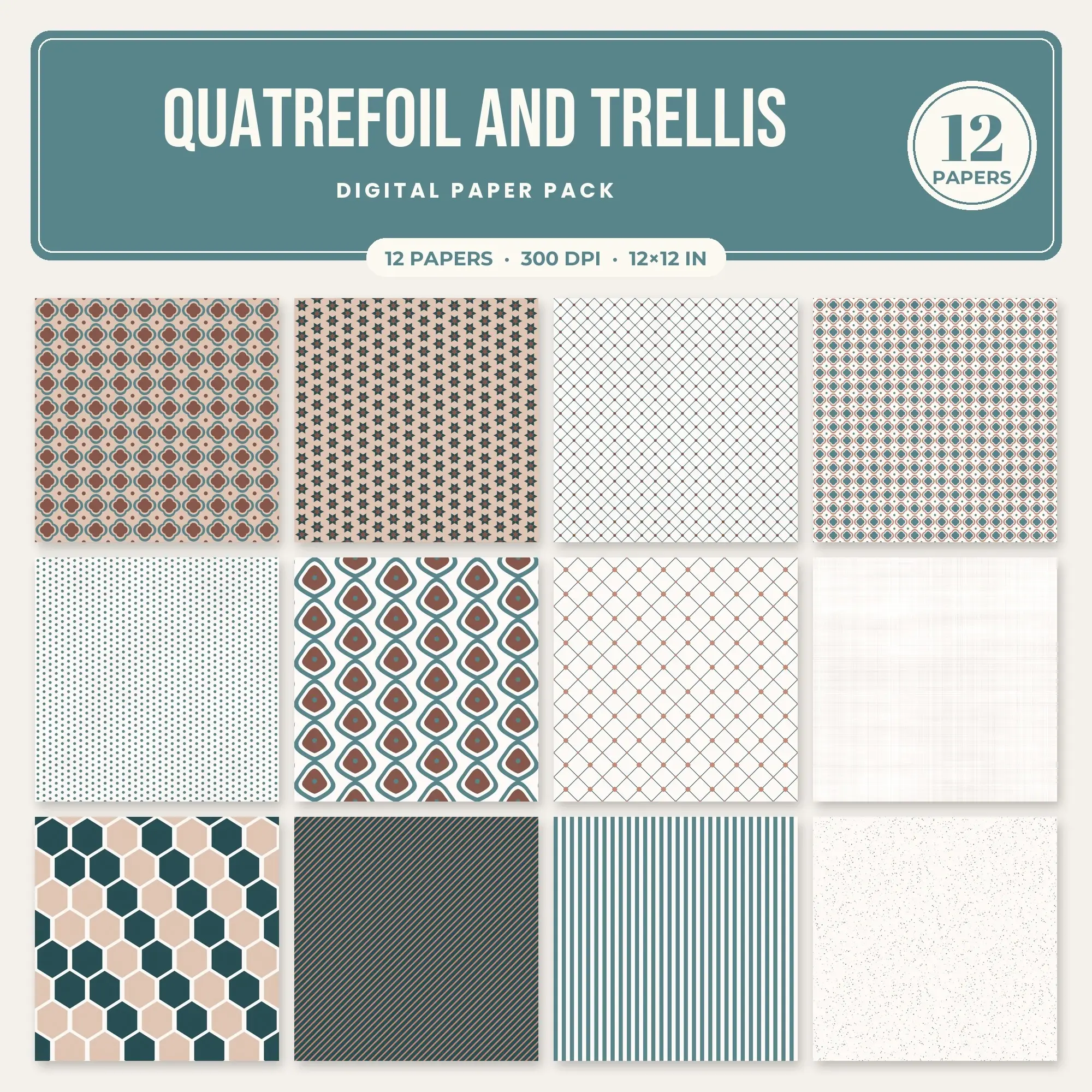 Clay Pink & Blush Quatrefoil and Trellis Seamless Digital Paper – 12 Papers, 12x12 JPG preview