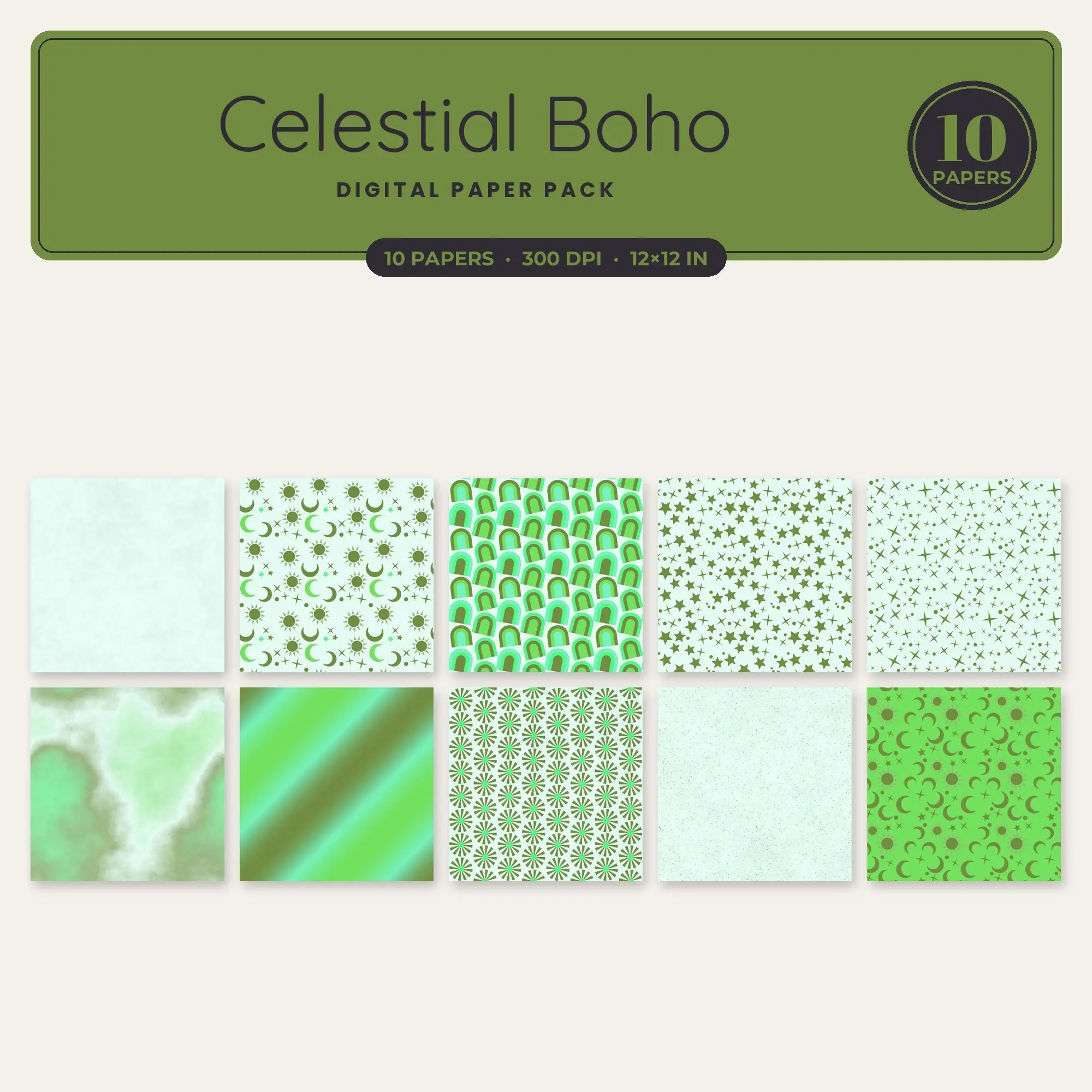 Leaf Green Celestial Boho Seamless Digital Paper Pack, 10 Papers 12x12 preview