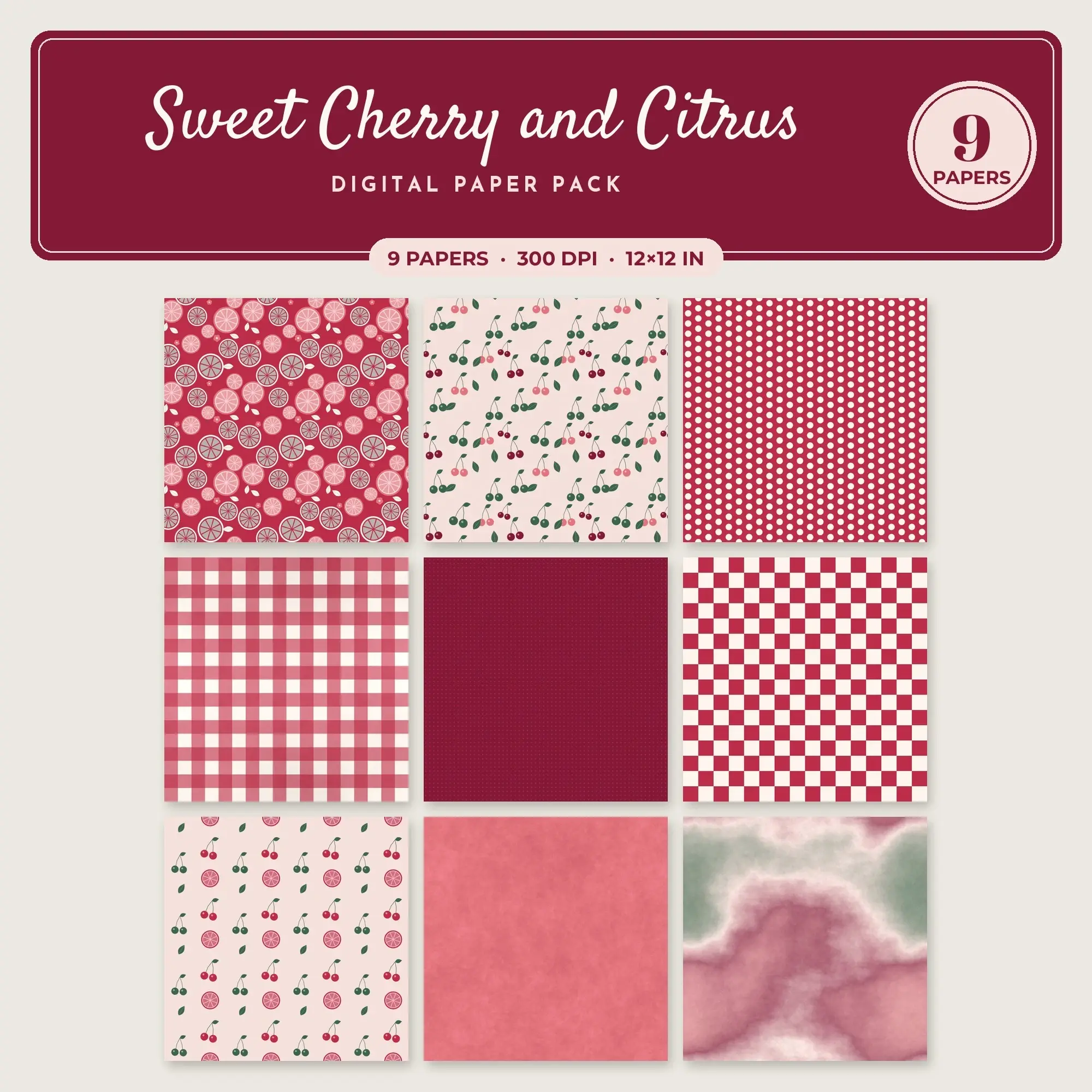 Rose & Raspberry Sweet Cherry and Citrus Seamless Digital Paper – 9 Papers, 12x12 JPG preview