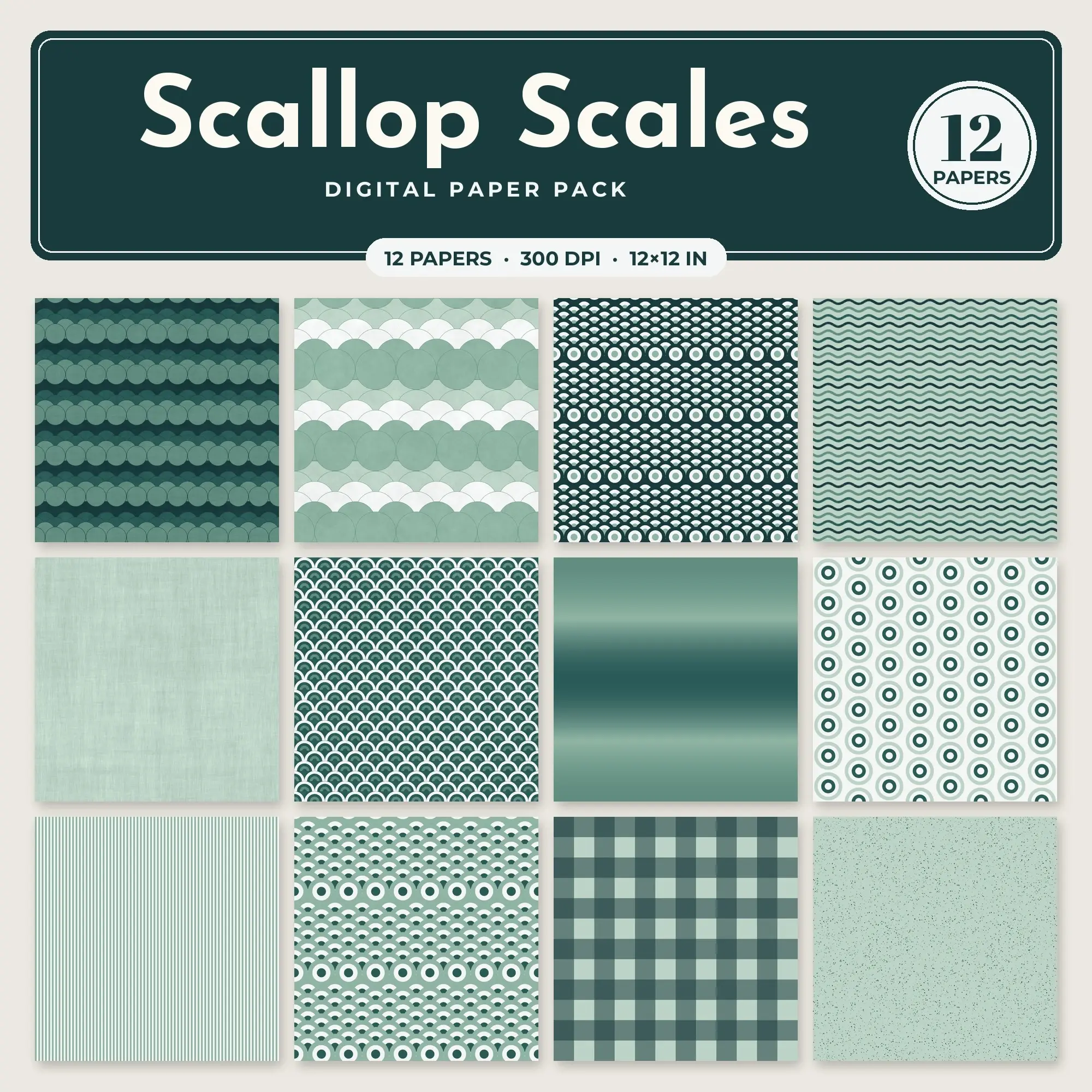 Deep Teal & Eucalyptus Scallop Scales Seamless Digital Paper – 12 Papers, 12x12 JPG preview