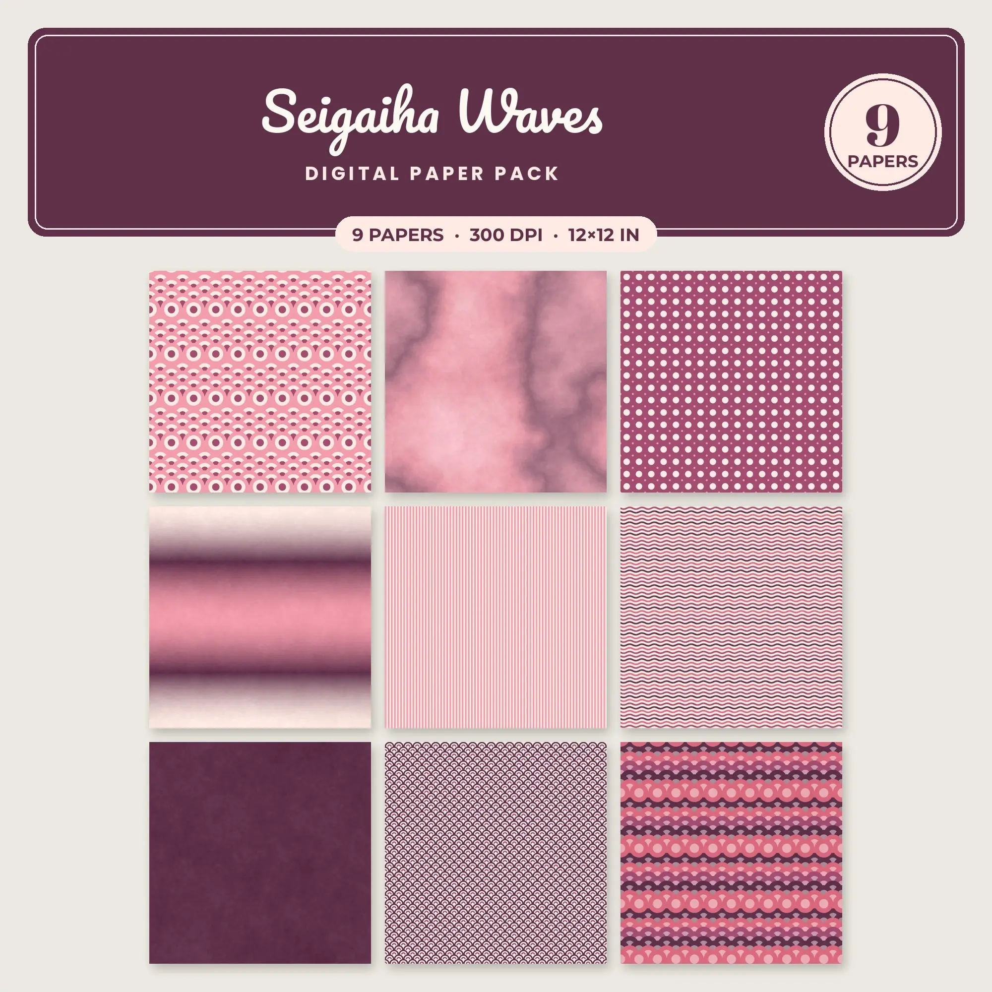Bubblegum & Rose Seigaiha Waves Seamless Digital Paper – 9 Papers, 12x12 JPG, preview 1 of 2