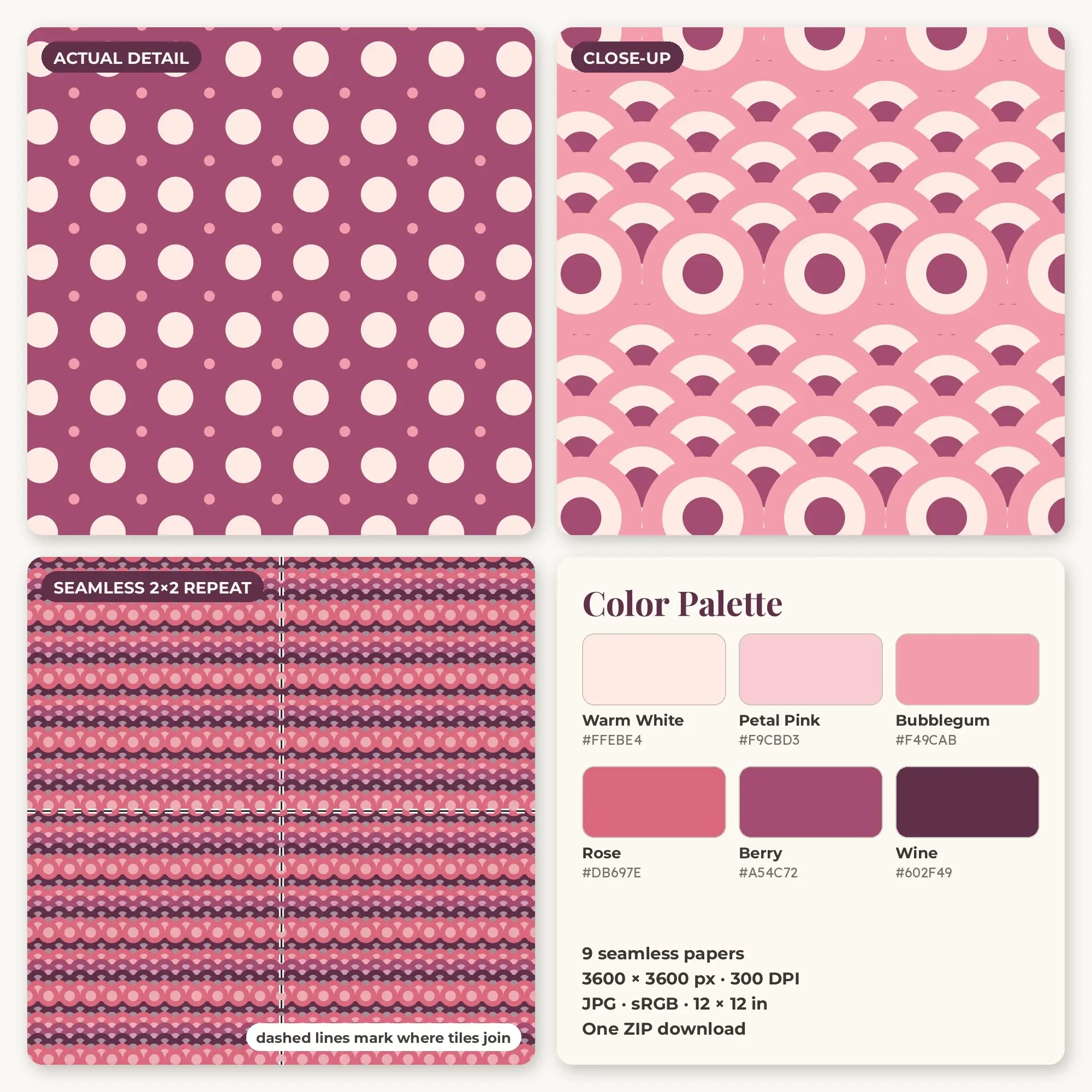 Bubblegum & Rose Seigaiha Waves Seamless Digital Paper – 9 Papers, 12x12 JPG, preview 2 of 2