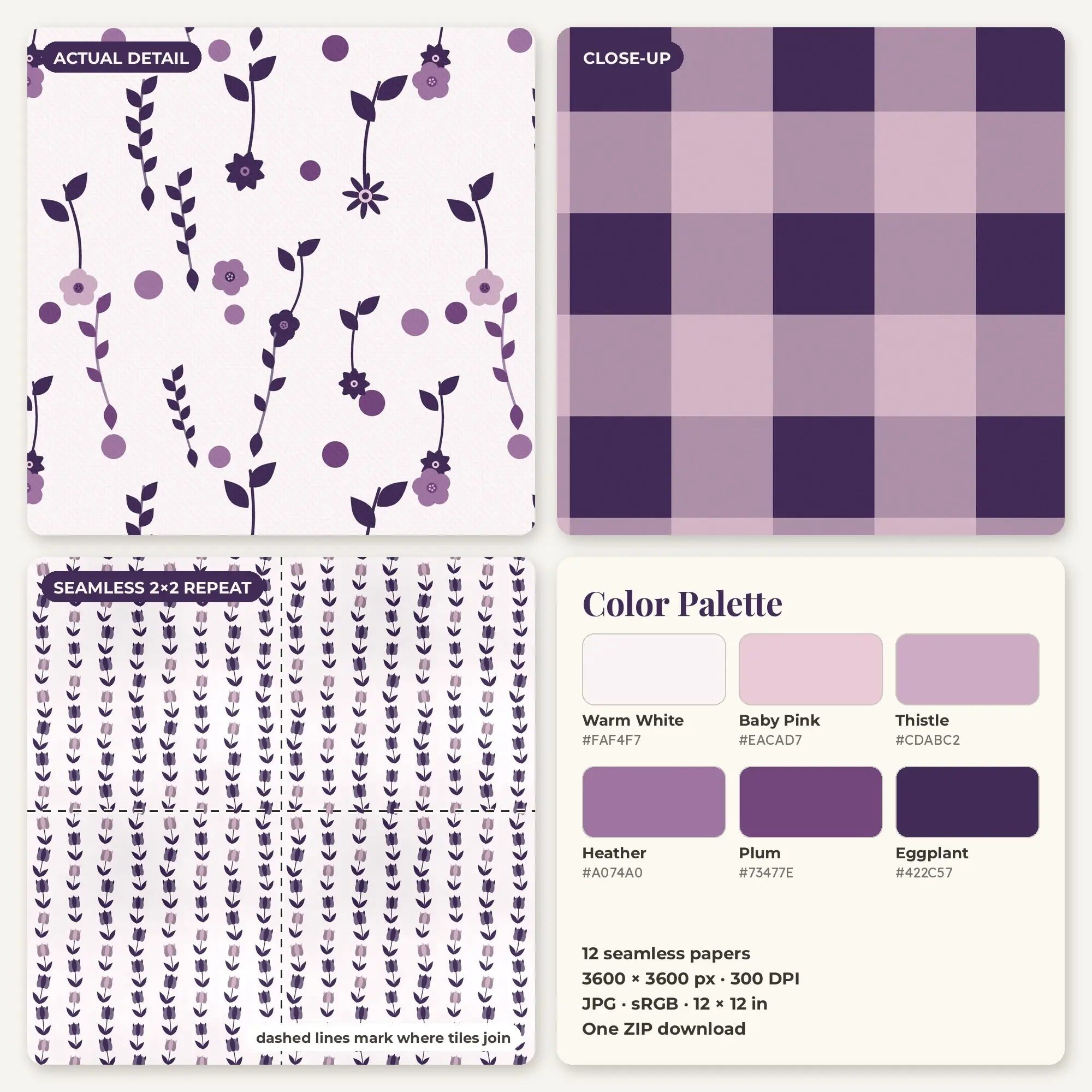 Baby Pink & Plum Garden Party Digital Paper Pack – 12 Seamless Patterns, preview 2 of 2