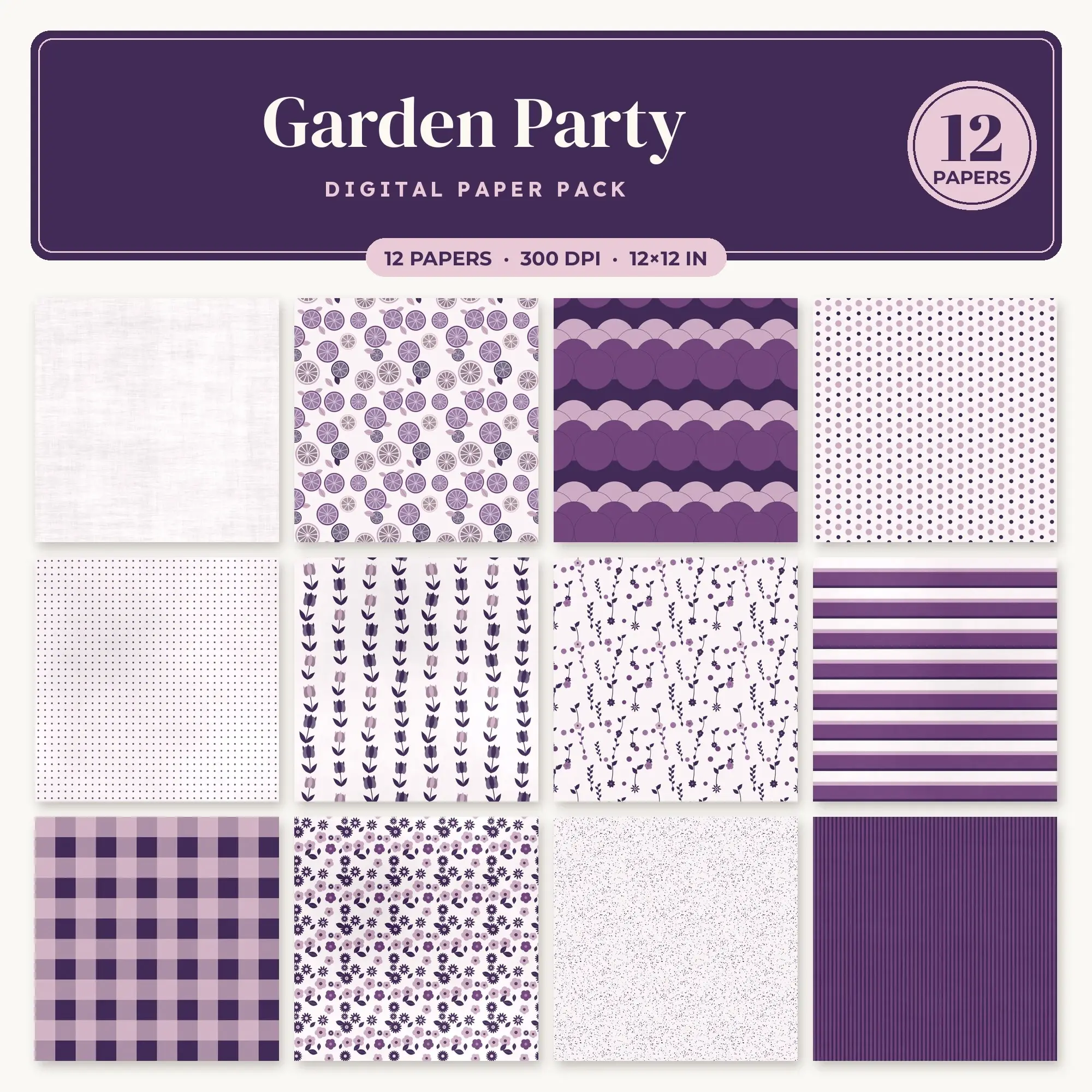 Baby Pink & Plum Garden Party Digital Paper Pack – 12 Seamless Patterns, preview 1 of 2