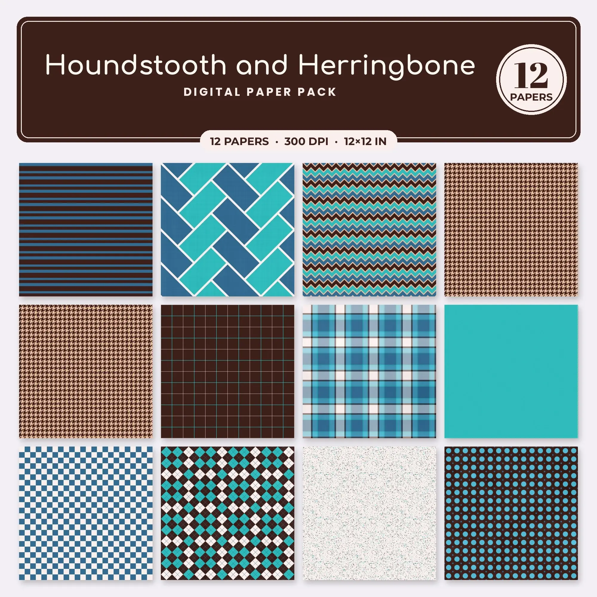 Lagoon Houndstooth and Herringbone Seamless Digital Paper Pack, 12 Papers 12x12 preview