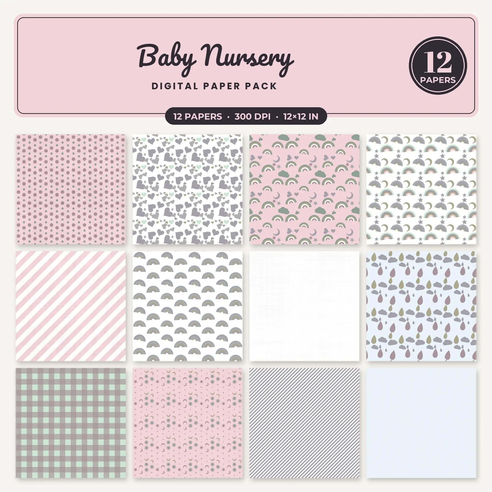 Baby Pink & Mint Baby Nursery Digital Paper Pack – 12 Seamless Patterns preview