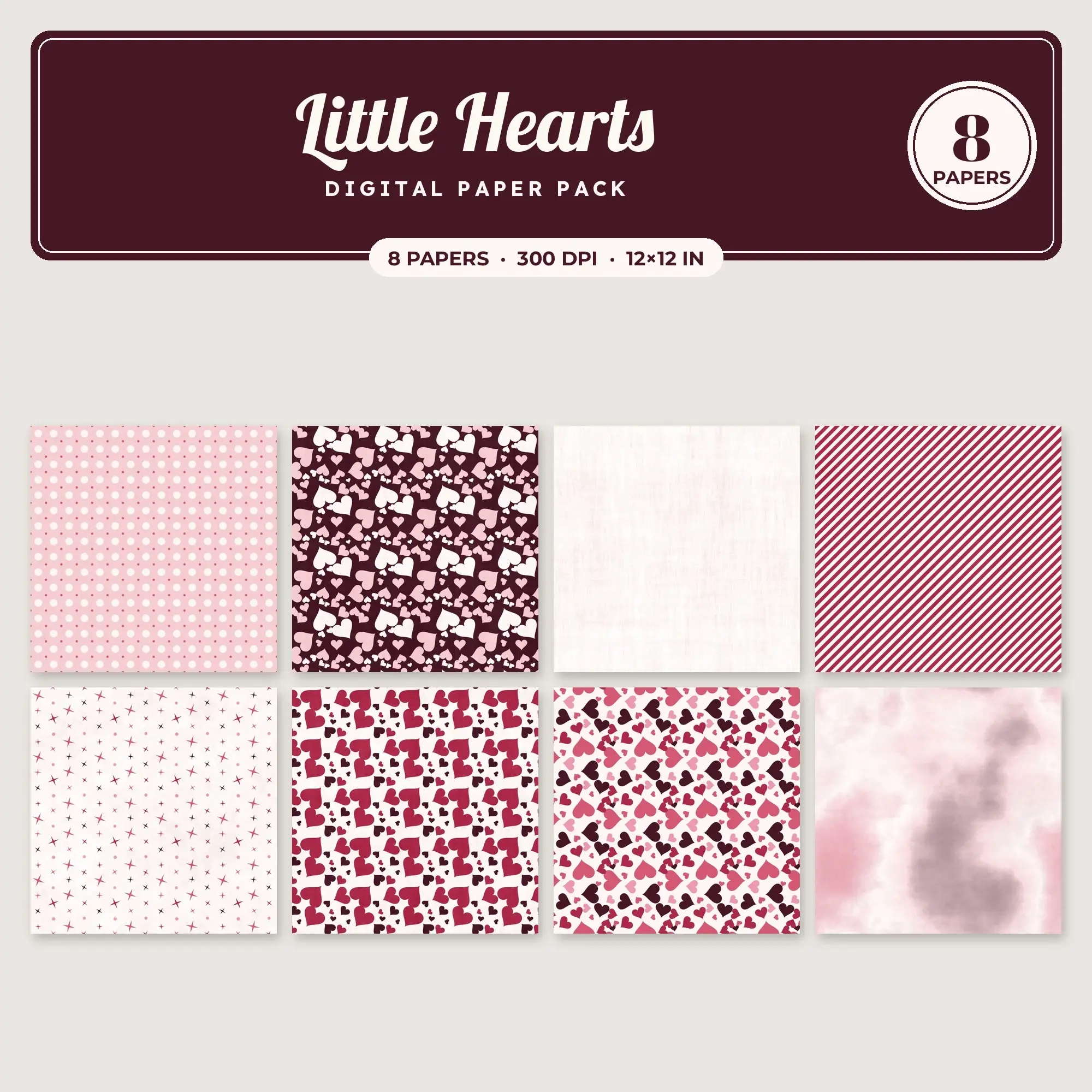 Watermelon & Bubblegum Little Hearts Digital Paper Pack – 8 Seamless Patterns preview