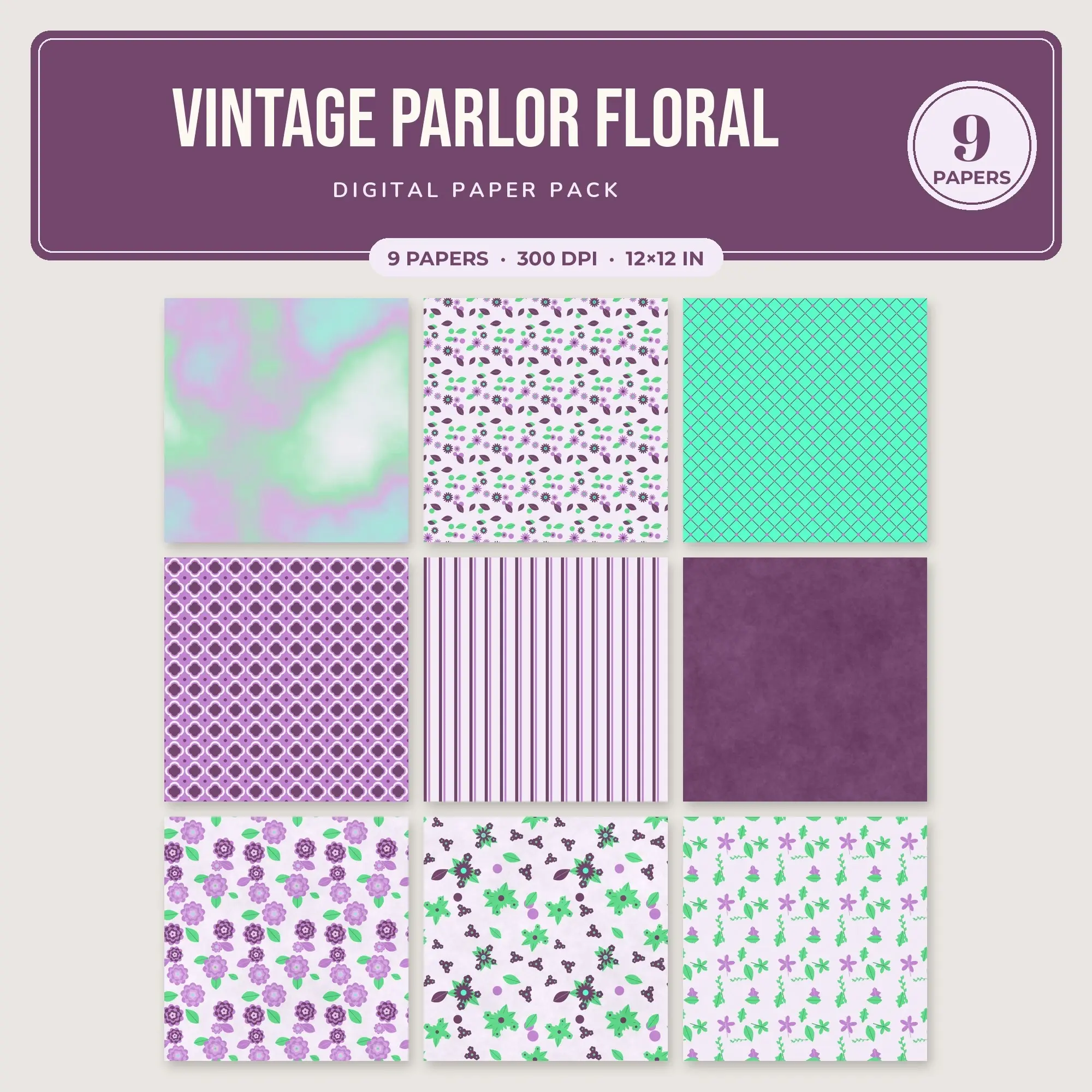Vintage Parlor Floral Digital Paper – 9 Seamless Aqua & Spring Green Patterns preview