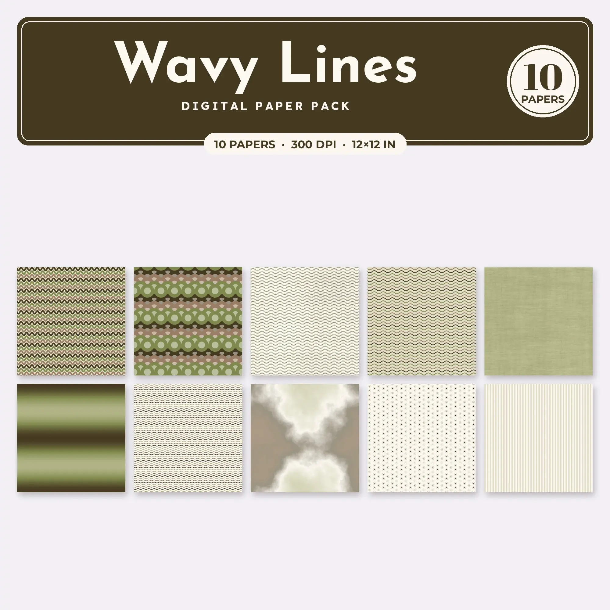Olive Wavy Lines Seamless Digital Paper Pack, 10 Papers 12x12 preview