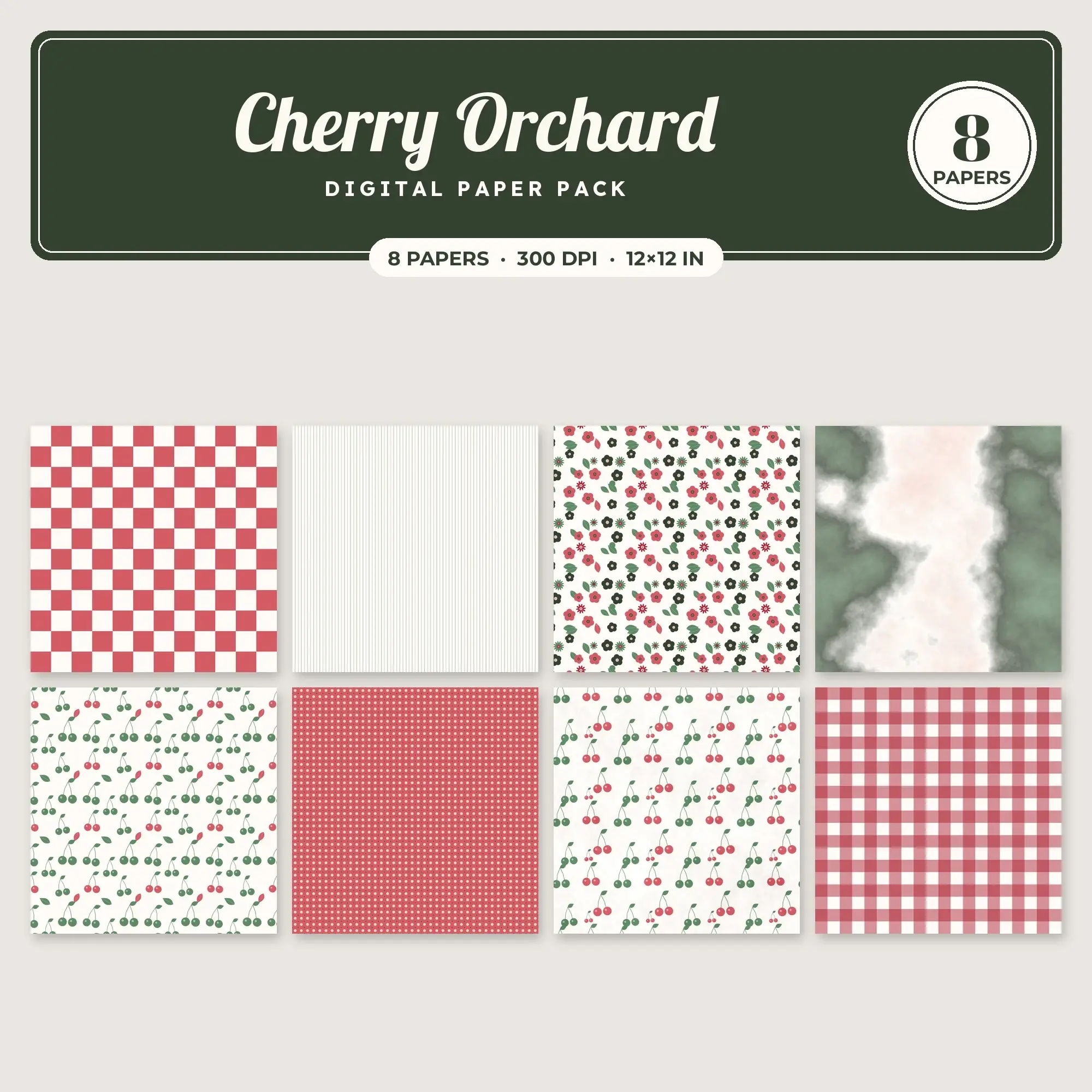 Cherry Orchard Digital Paper – 8 Seamless Cherry Red & Watermelon Patterns preview