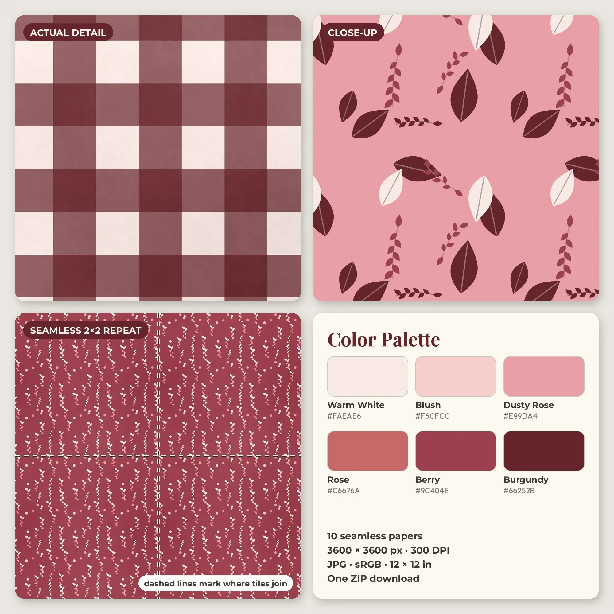 Dusty Rose & Blush Rustic Farmhouse Mix Seamless Digital Paper – 10 Papers, 12x12 JPG, preview 2 of 2