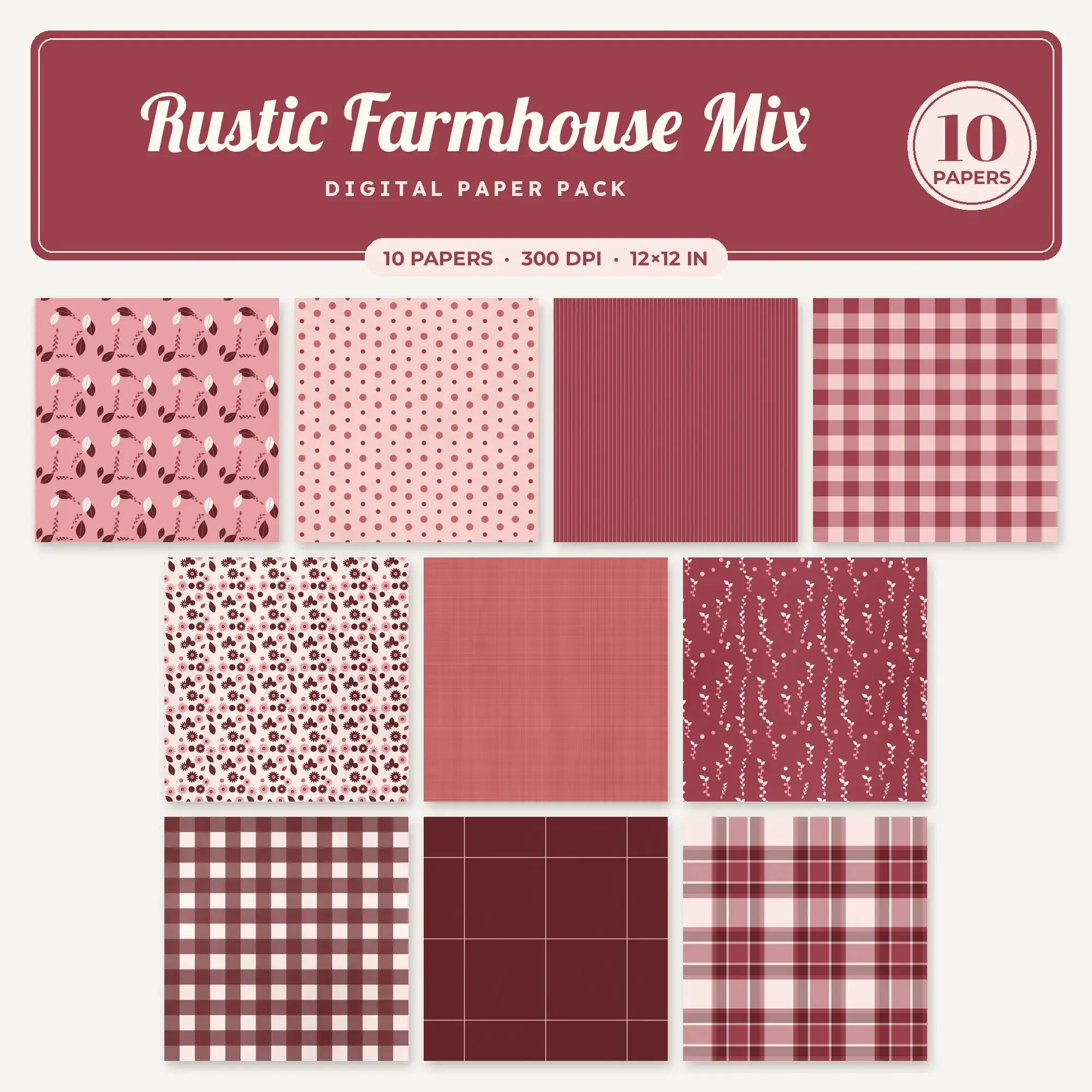 Dusty Rose & Blush Rustic Farmhouse Mix Seamless Digital Paper – 10 Papers, 12x12 JPG preview