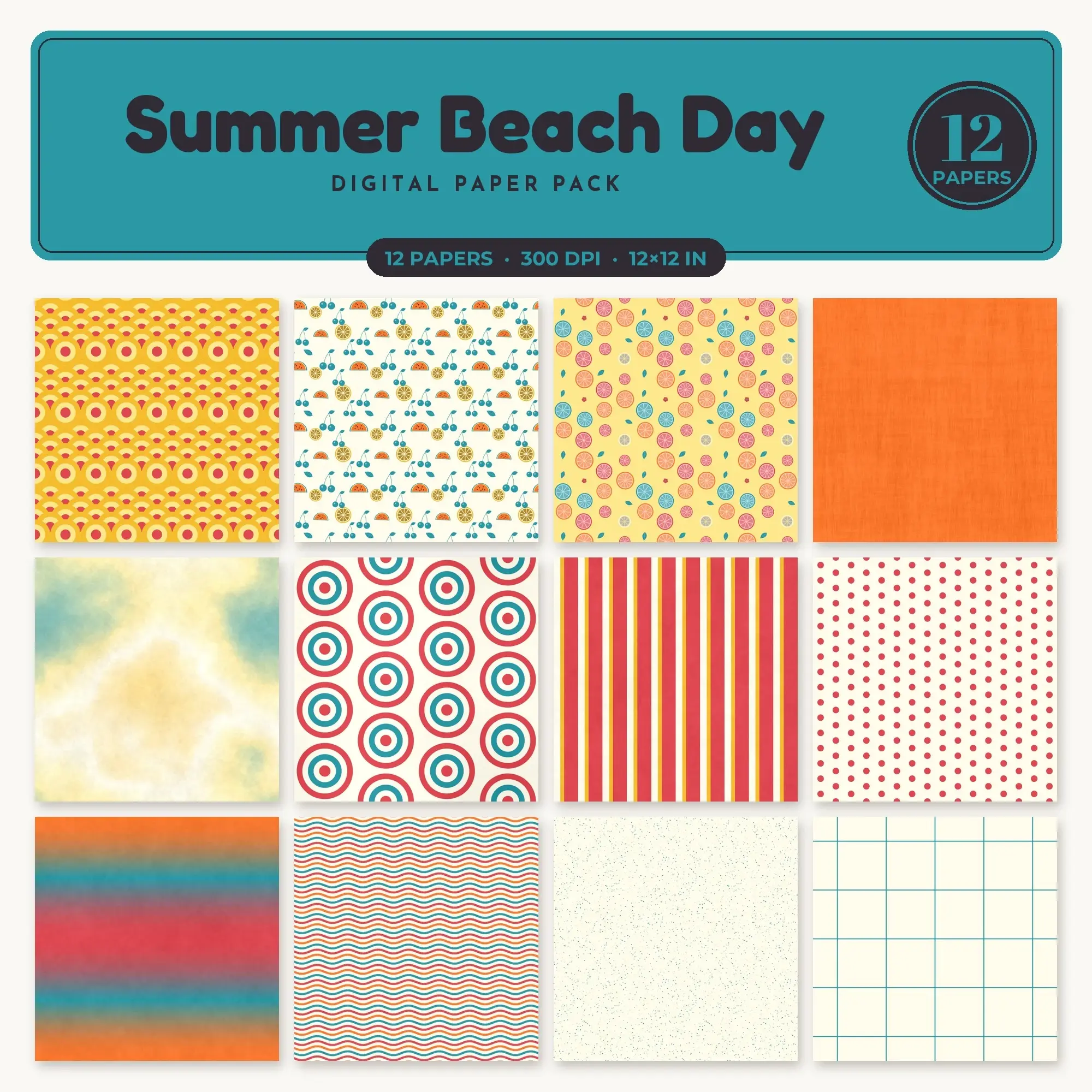 Pumpkin & Marigold Summer Beach Day Digital Paper Pack – 12 Seamless Patterns preview