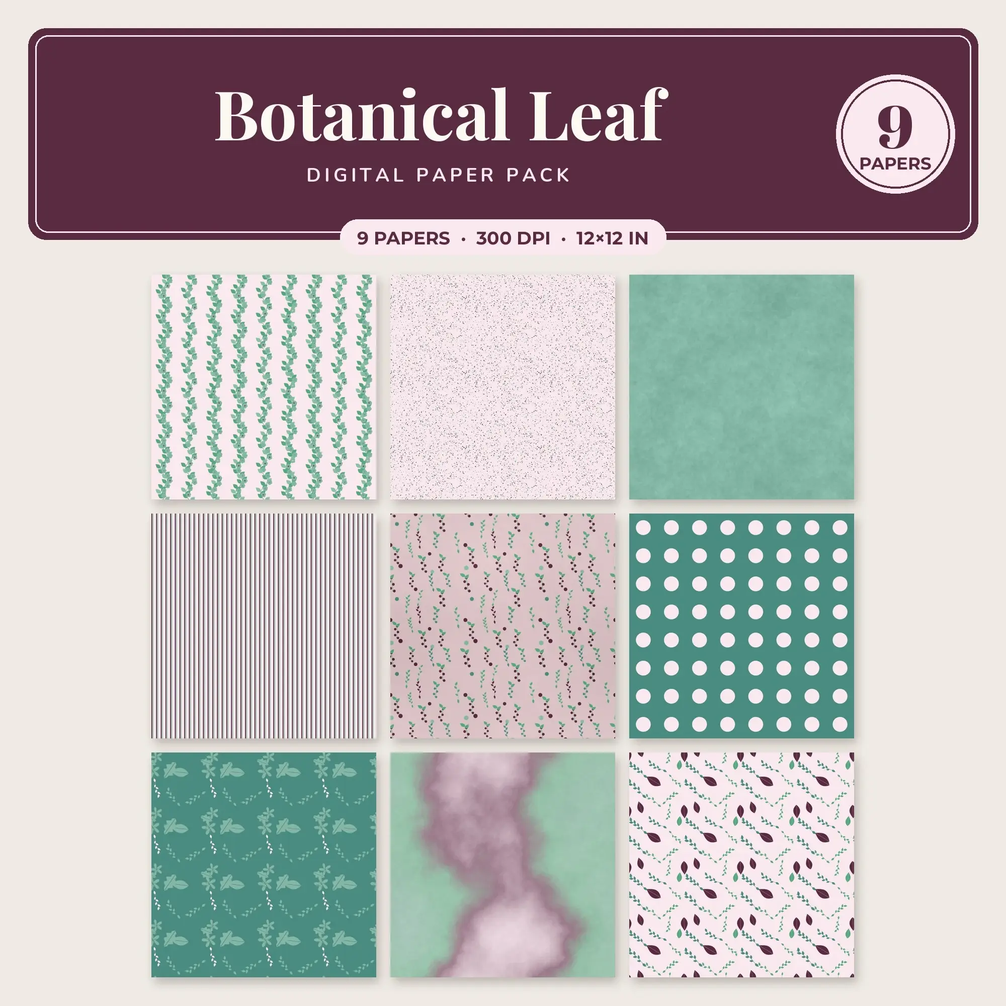Baby Pink & Jade Botanical Leaf Seamless Digital Paper – 9 Papers, 12x12 JPG preview