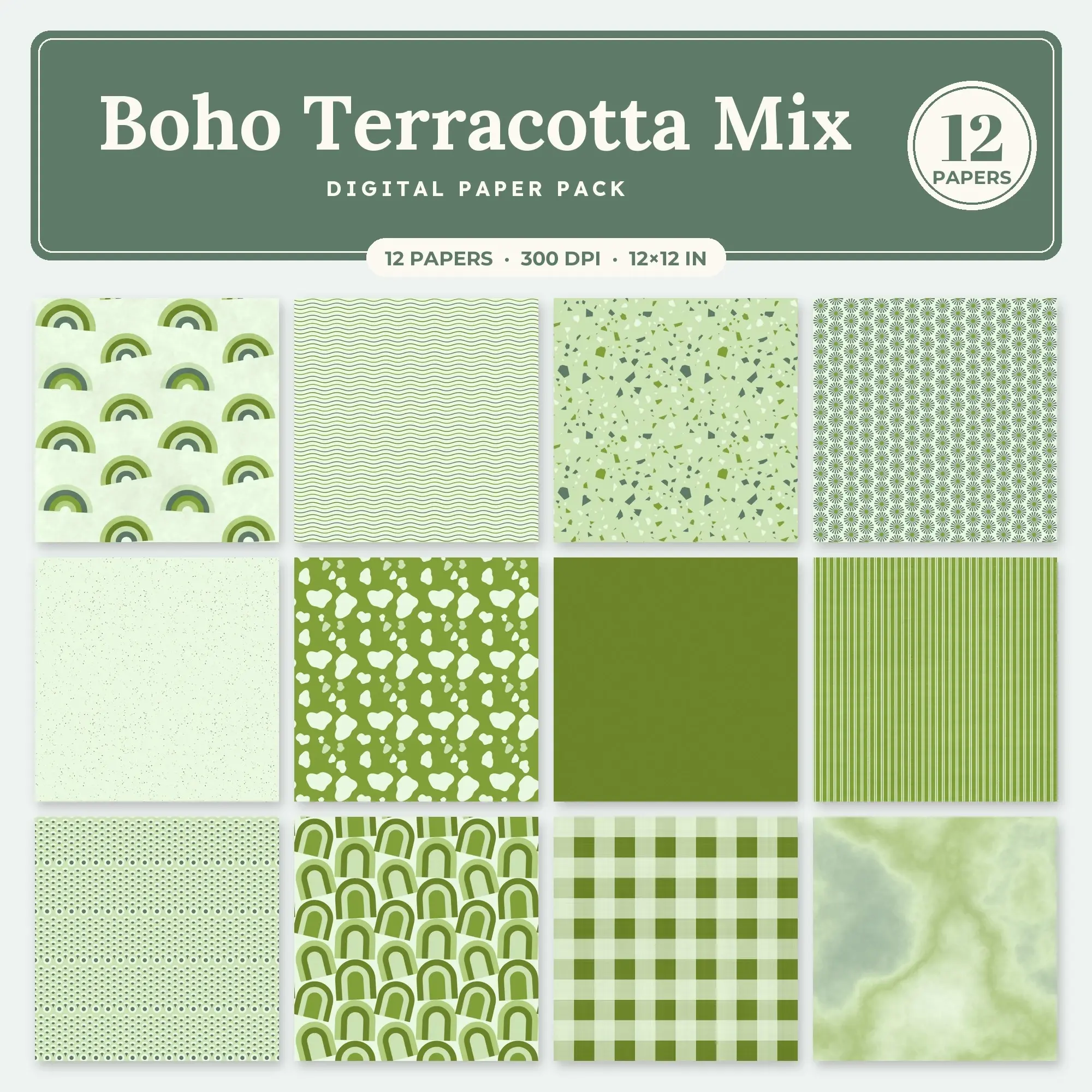 Avocado & Moss Boho Terracotta Mix Seamless Digital Paper – 12 Papers, 12x12 JPG preview