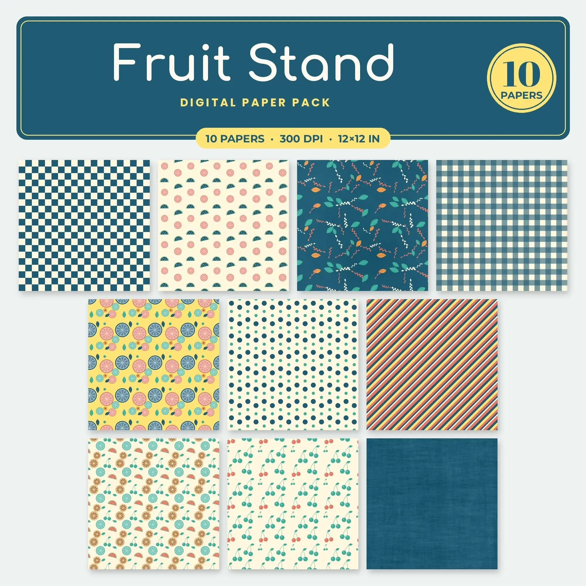 Fruit Stand Seamless Pattern Papers in Butter Yellow and Pumpkin – 10 Pack preview