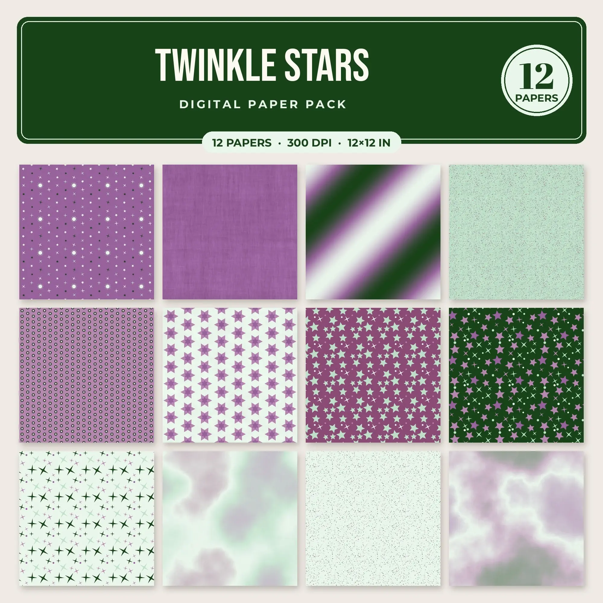 Twinkle Stars Digital Paper – 12 Seamless Forest Green & Mulberry Patterns preview
