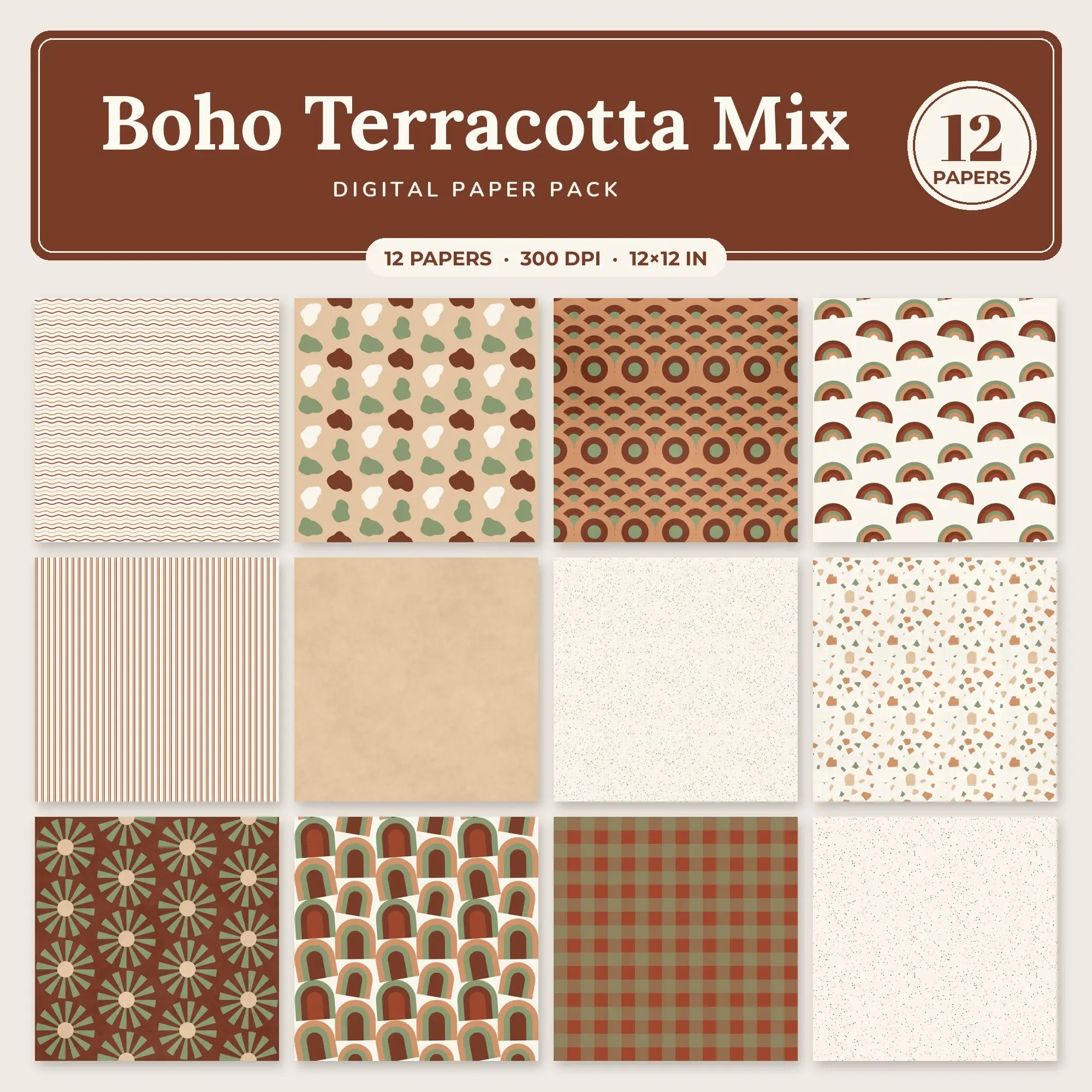 Boho Terracotta Mix Seamless Pattern Papers in Camel and Rust – 12 Pack preview