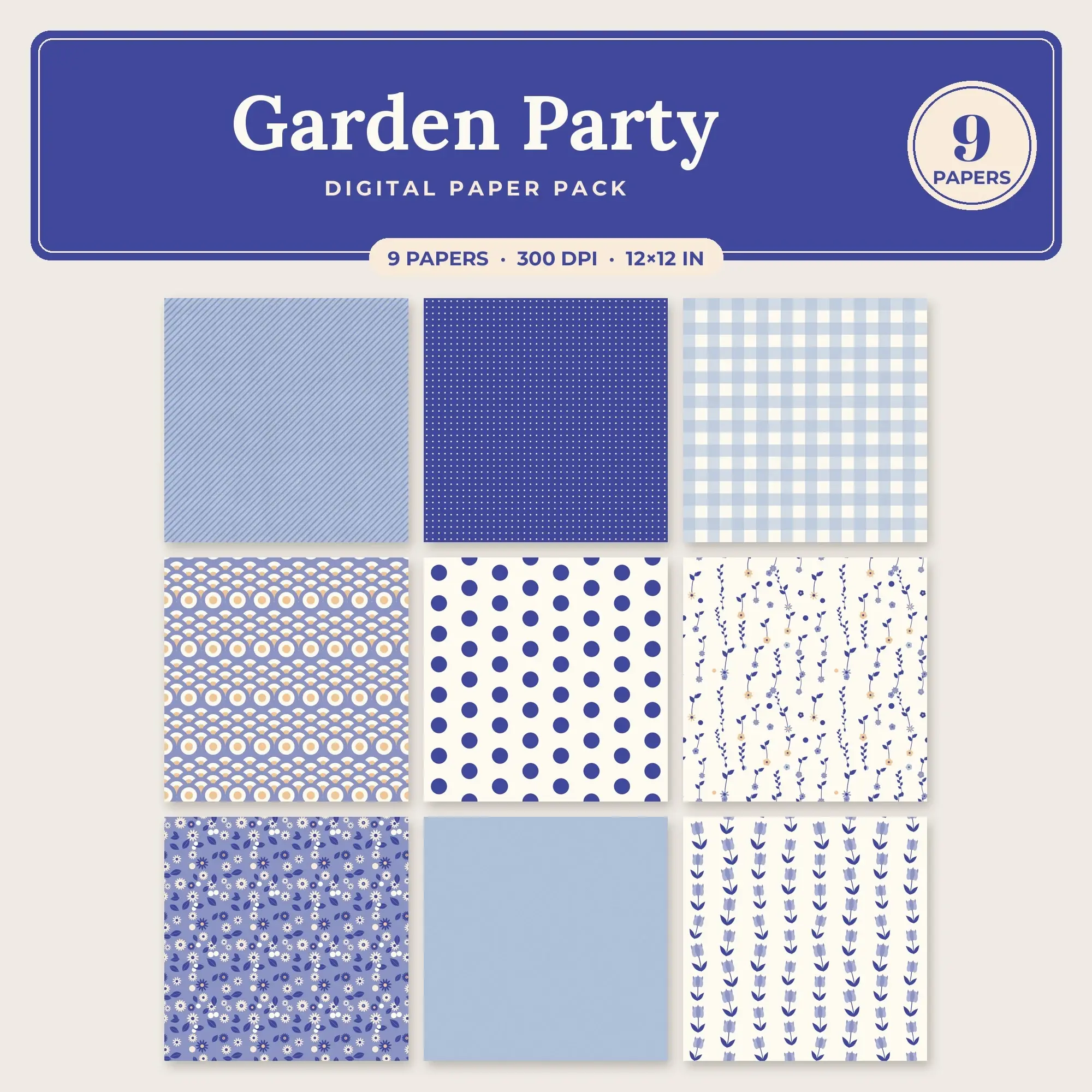 Indigo & Cornflower Garden Party Digital Paper Pack – 9 Seamless Patterns preview
