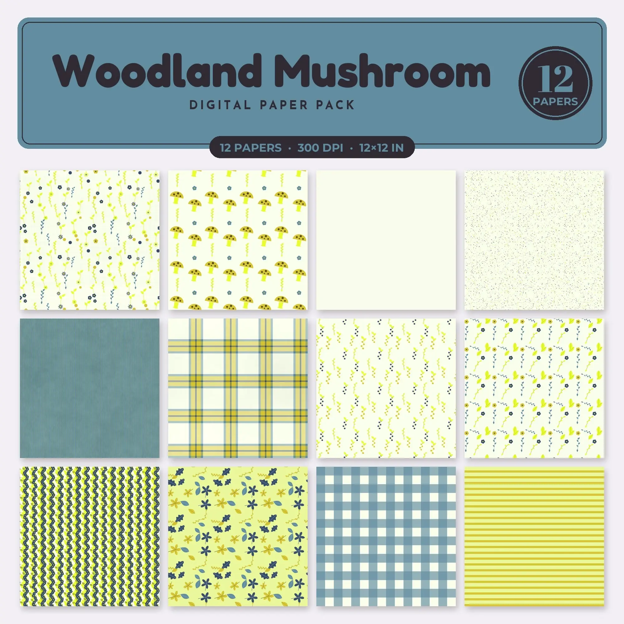 12 Lime Woodland Mushroom Seamless Patterns – Digital Paper preview