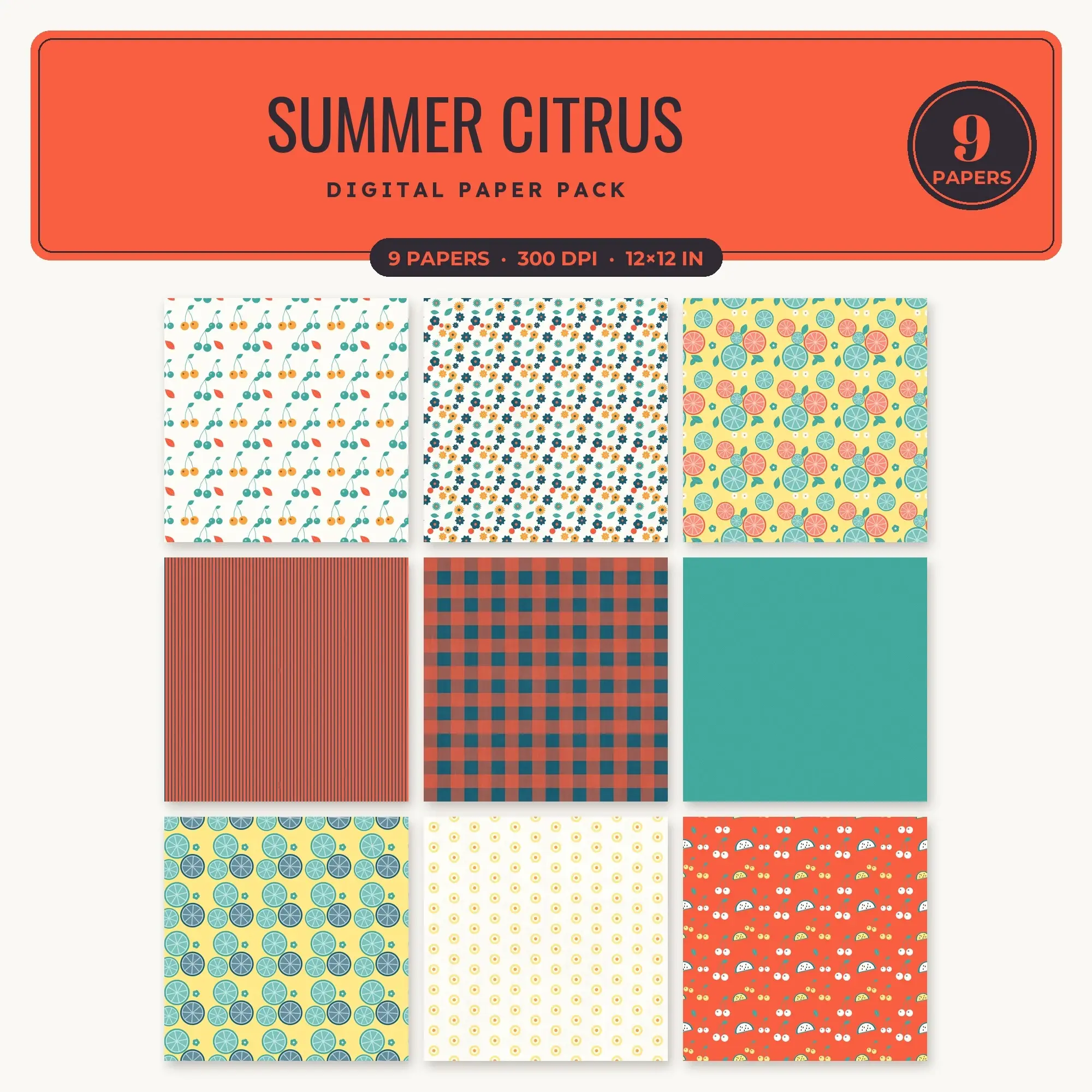 Tangerine & Poppy Red Summer Citrus Digital Paper Pack – 9 Seamless Patterns preview