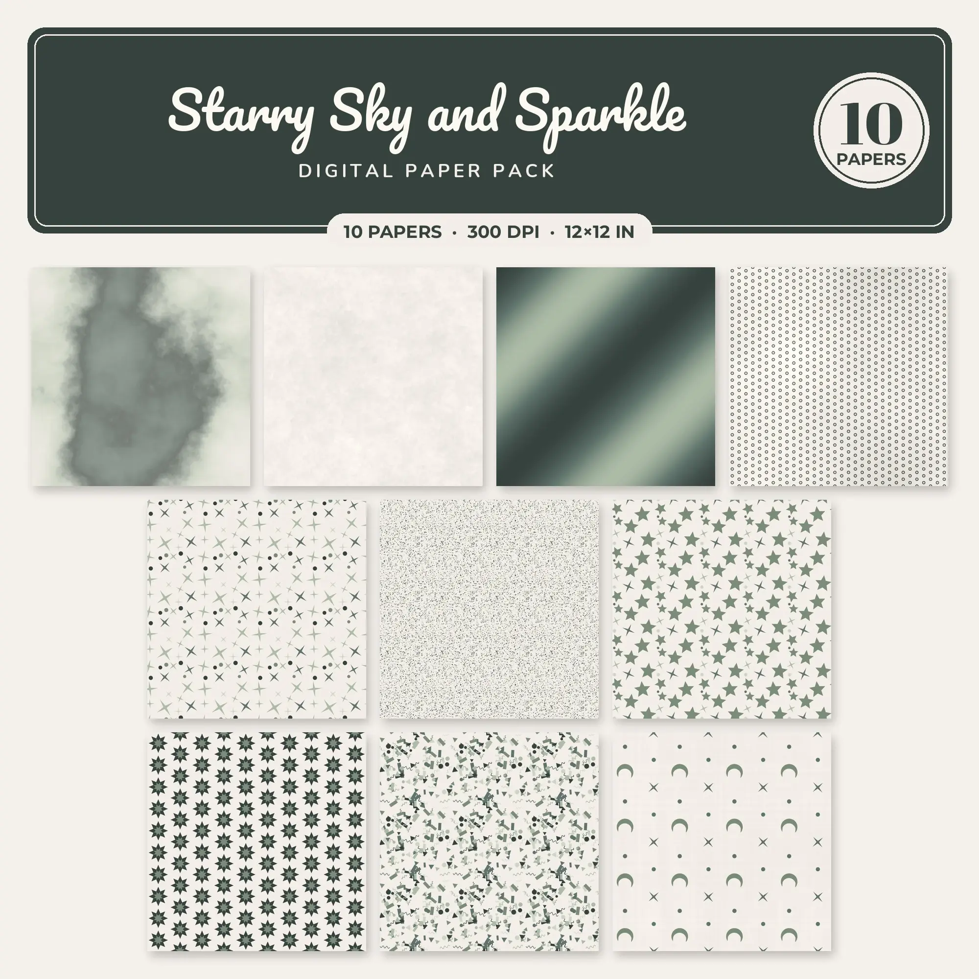 Soft Sage & Sage Starry Sky and Sparkle Digital Paper Pack – 10 Seamless Patterns preview