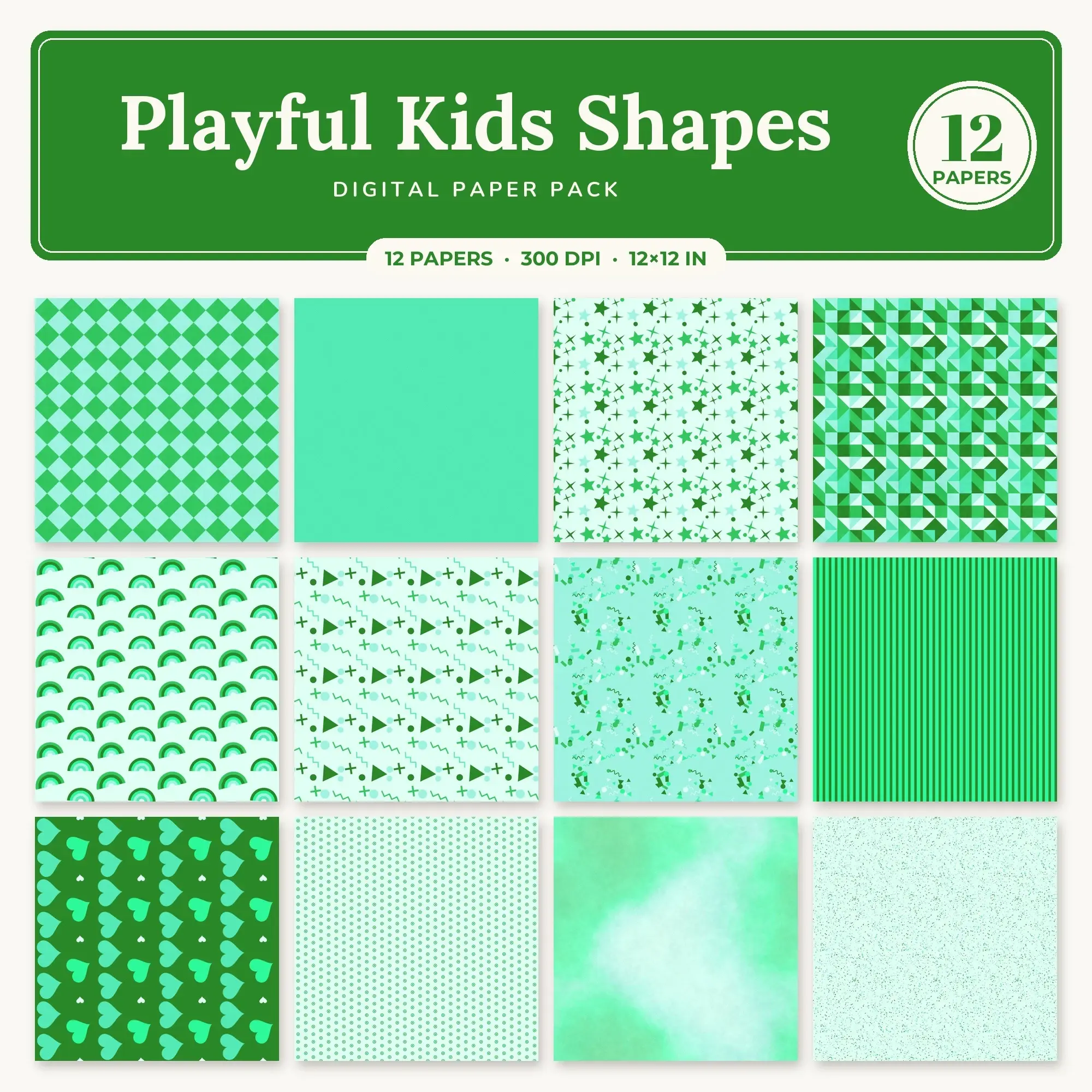Emerald Playful Kids Shapes Seamless Digital Paper Pack, 12 Papers 12x12 preview