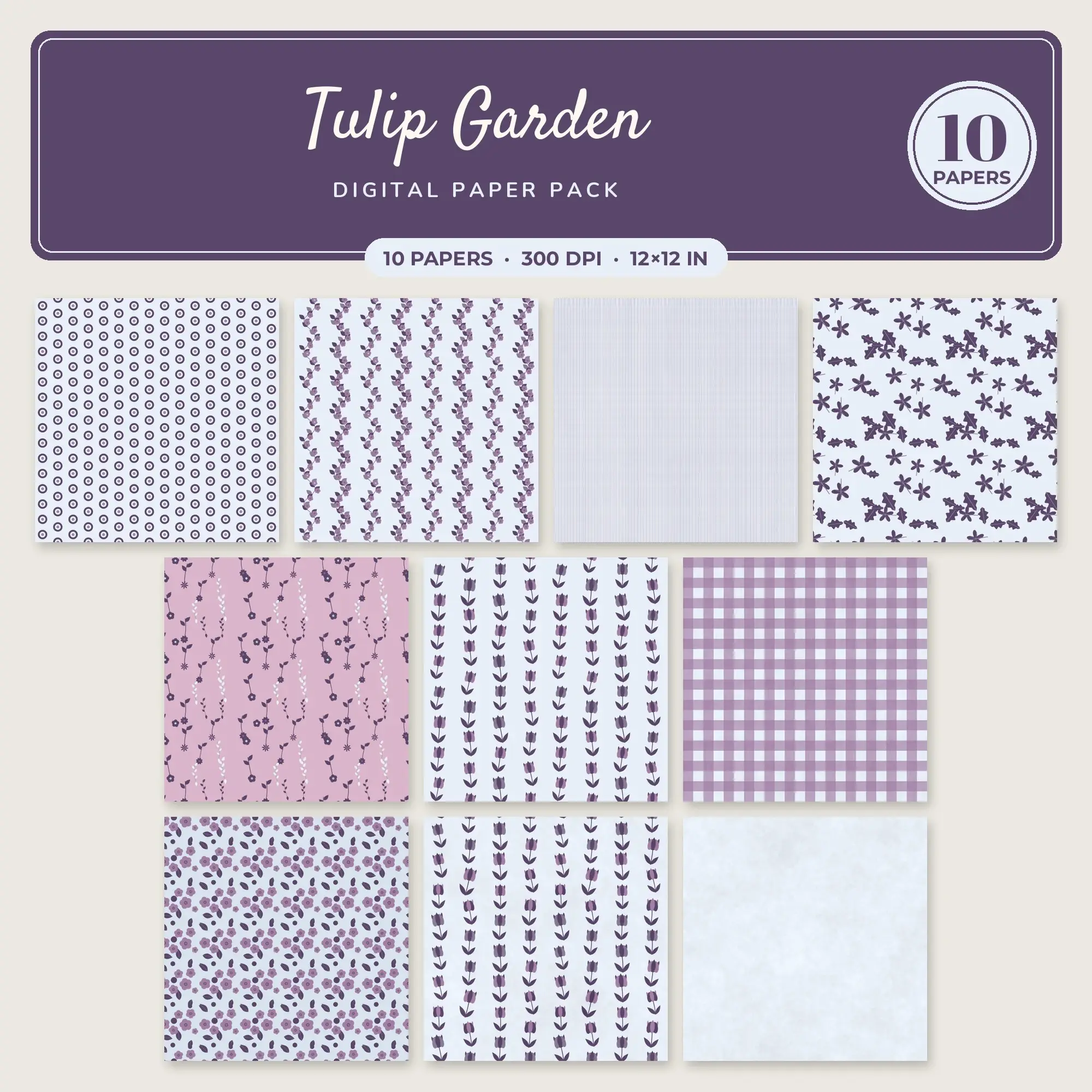 Tulip Garden Digital Paper – 10 Seamless Powder Blue & Thistle Patterns preview