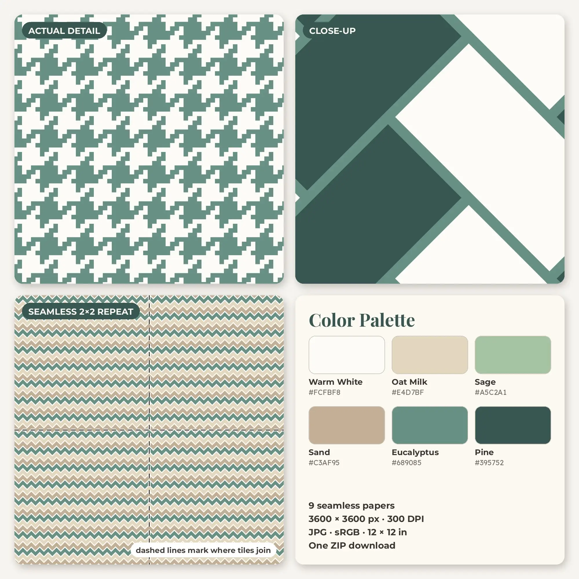 Sage & Pine Houndstooth and Herringbone Seamless Digital Paper – 9 Papers, 12x12 JPG, preview 2 of 2