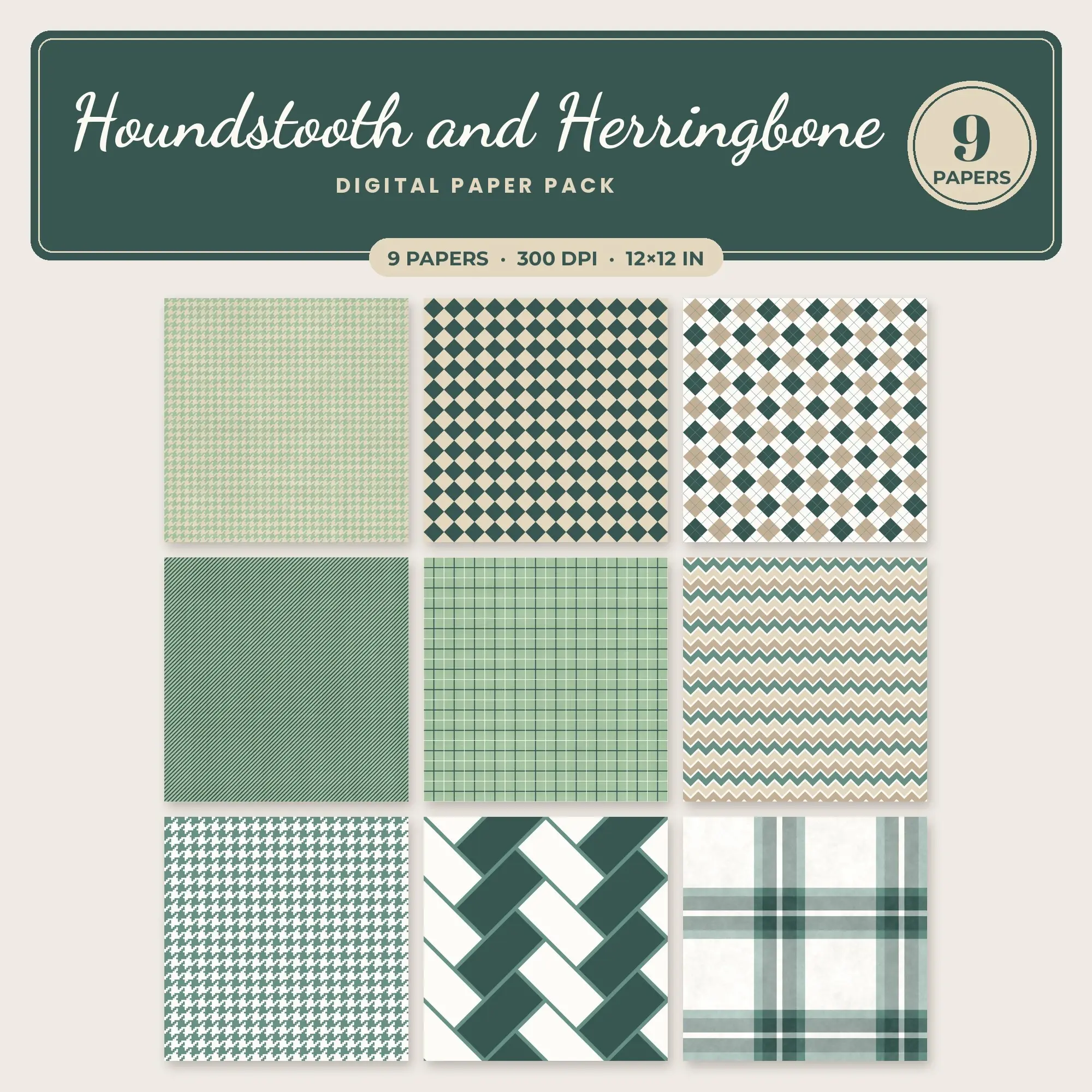 Sage & Pine Houndstooth and Herringbone Seamless Digital Paper – 9 Papers, 12x12 JPG, preview 1 of 2