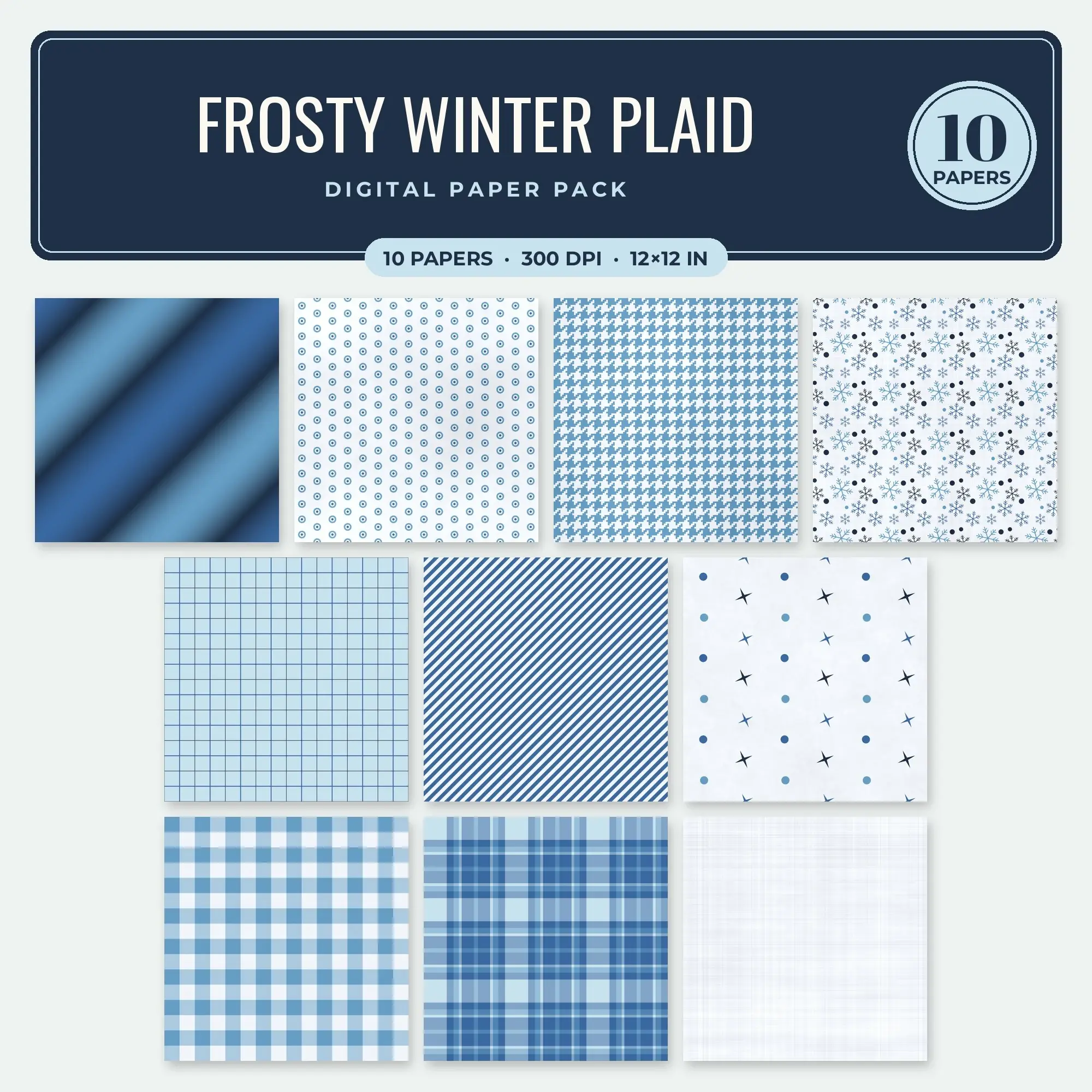 Steel Blue & Ocean Blue Frosty Winter Plaid Seamless Digital Paper – 10 Papers, 12x12 JPG preview