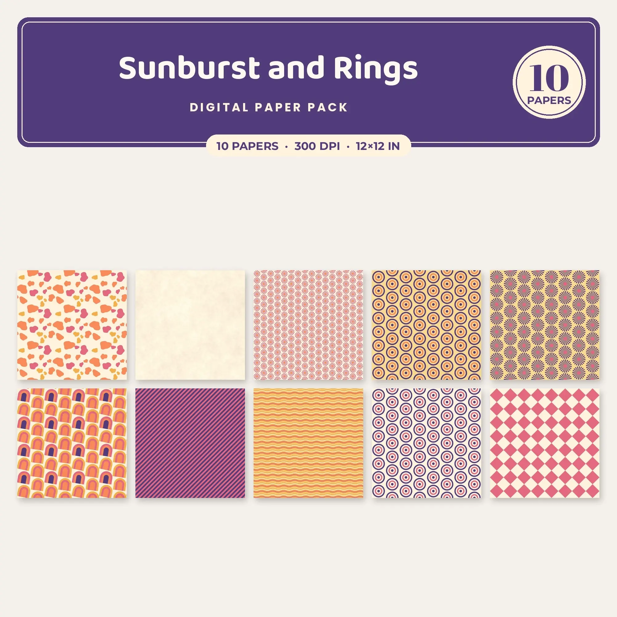 Terracotta & Amber Sunburst and Rings Seamless Digital Paper – 10 Papers, 12x12 JPG preview