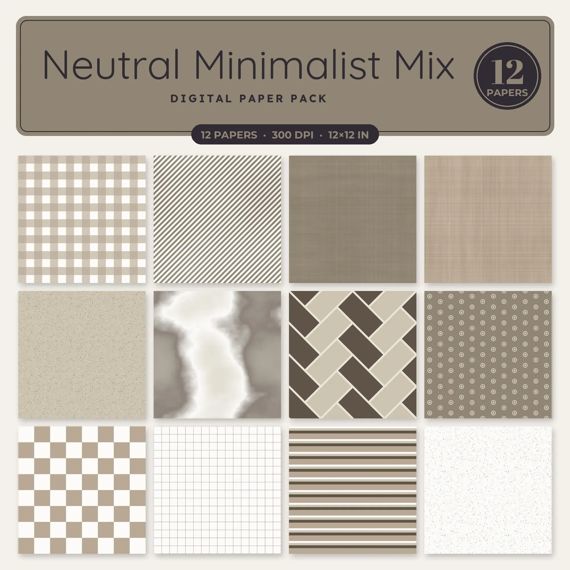 Mocha & Warm White Neutral Minimalist Mix Digital Paper Pack – 12 Seamless Patterns preview