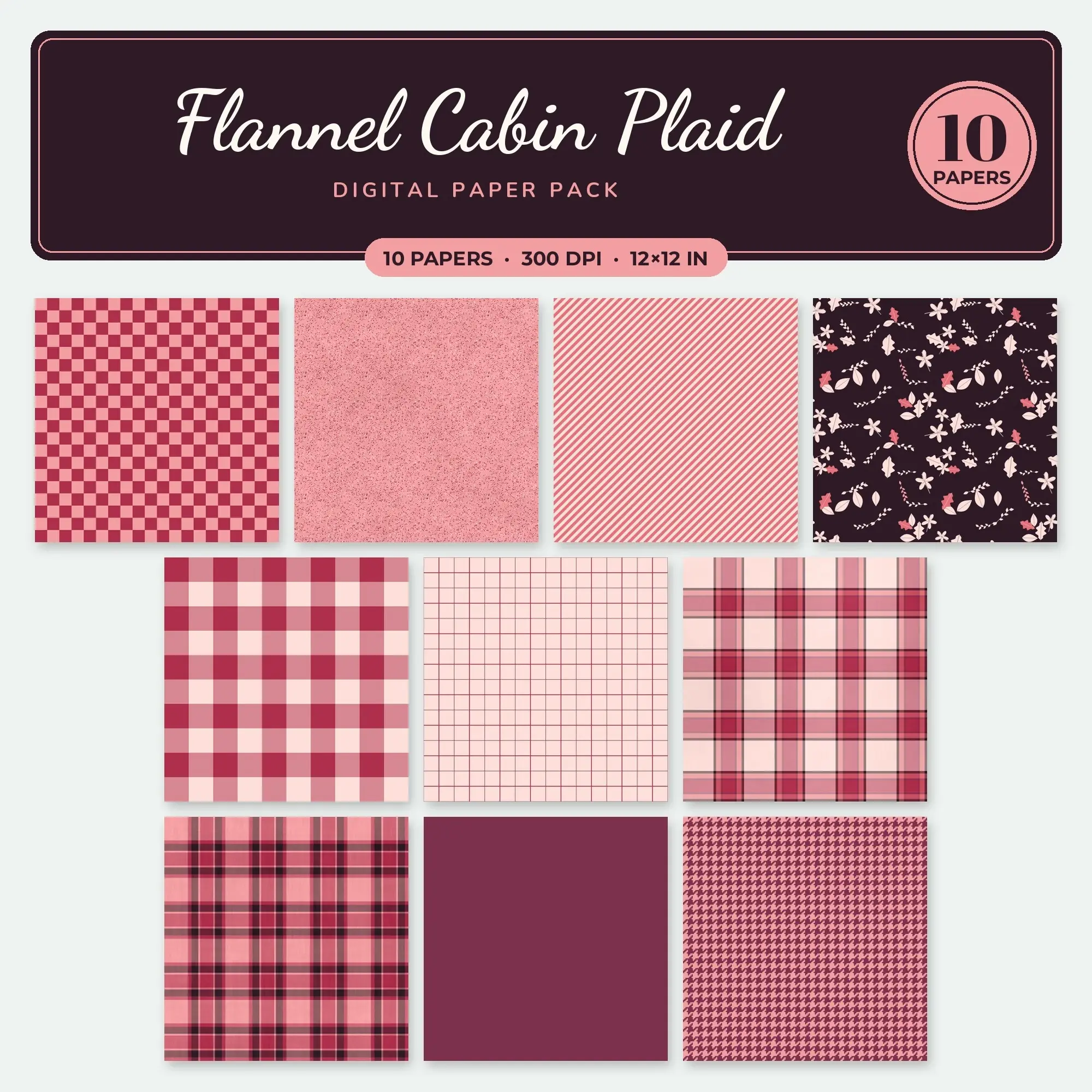 Rose Flannel Cabin Plaid Seamless Digital Paper Pack, 10 Papers 12x12 preview