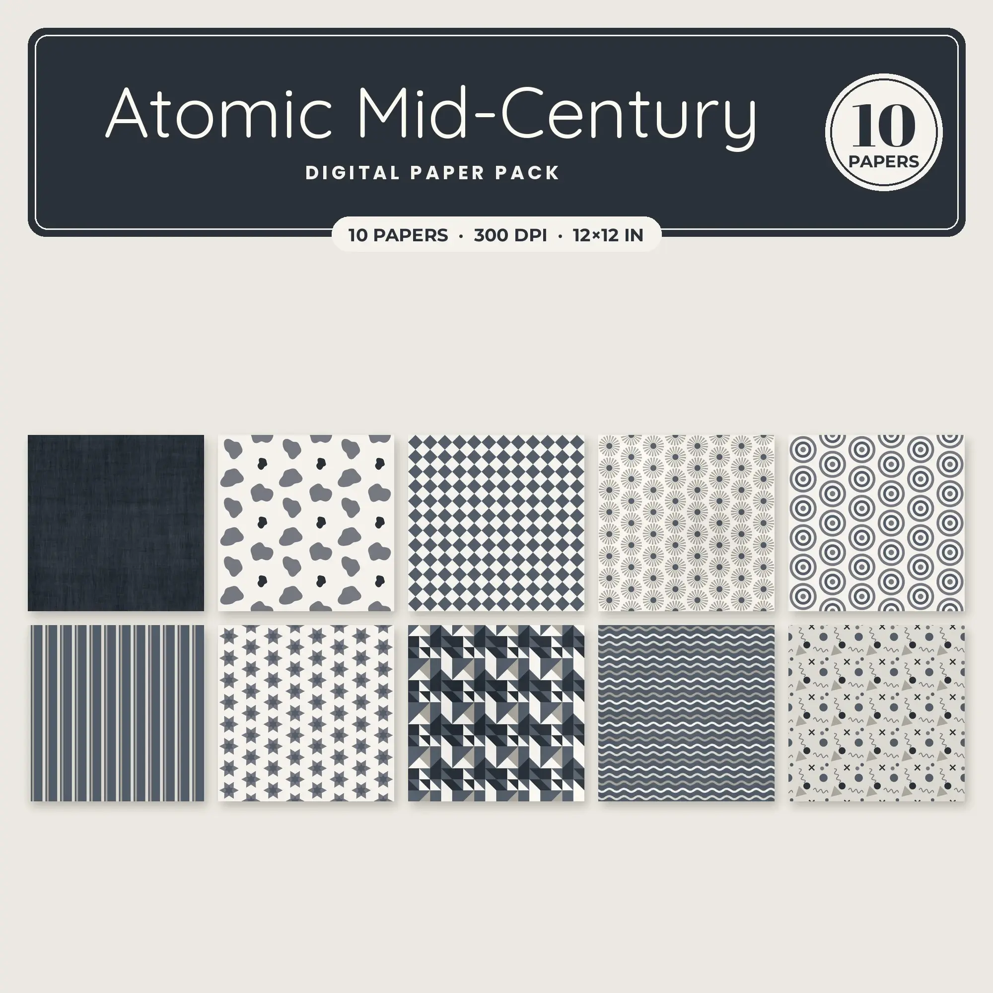 10 Warm White Atomic Mid-Century Seamless Patterns – Digital Paper preview