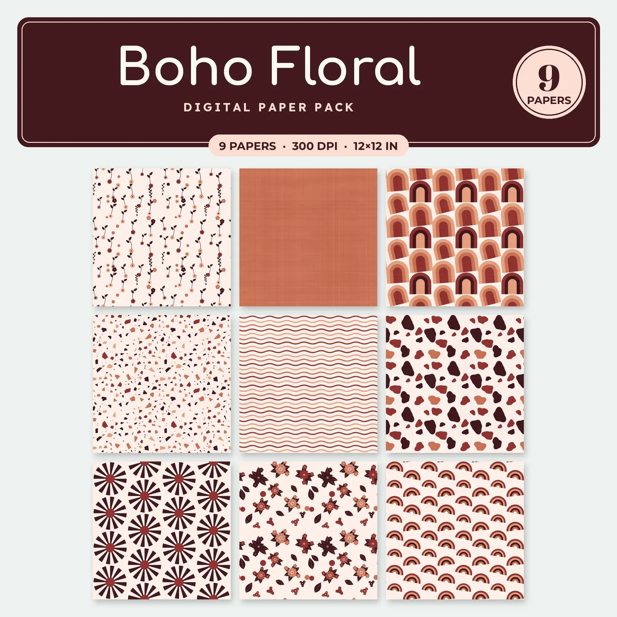 Boho Floral Digital Paper – 9 Seamless Salmon & Blush Patterns preview