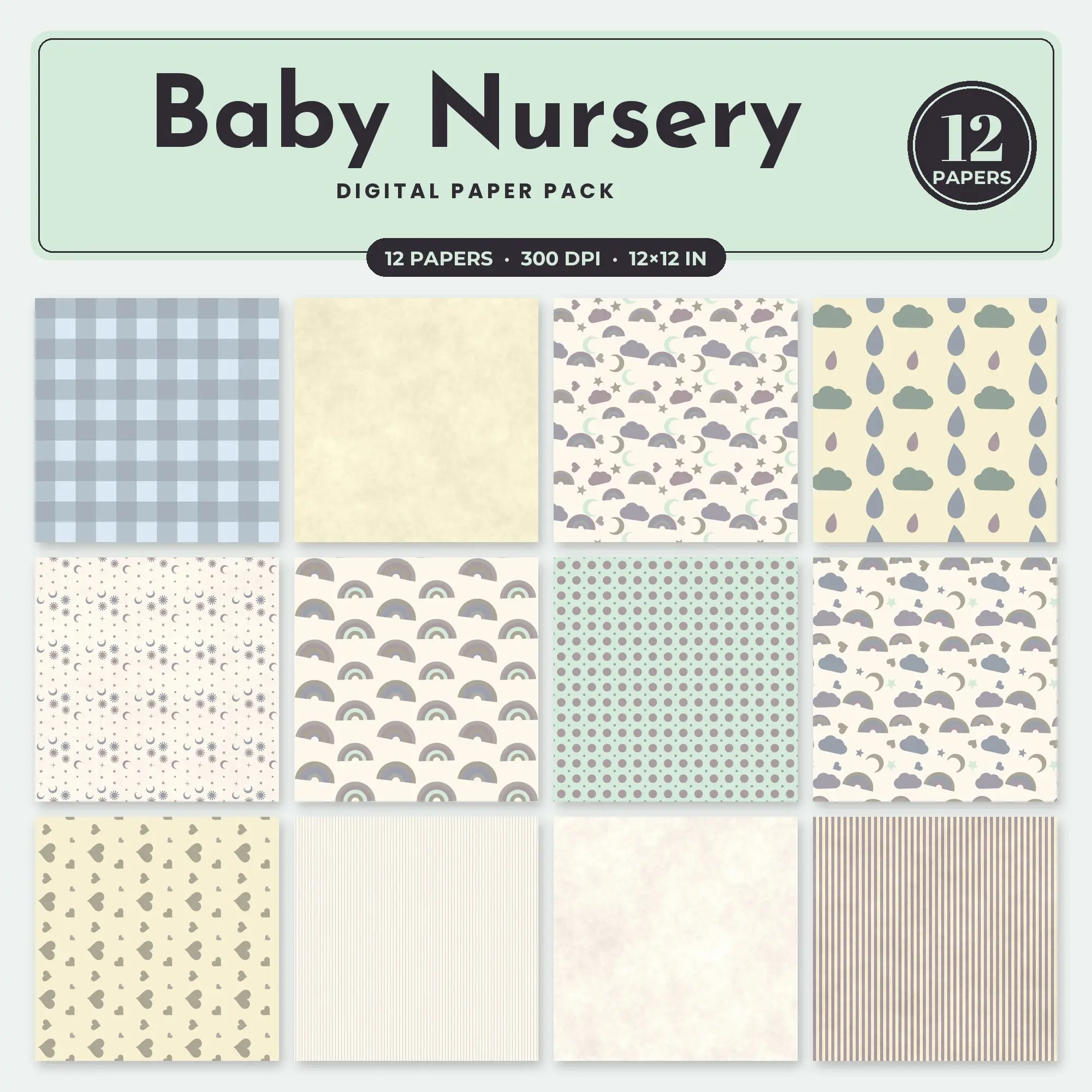 Baby Pink & Mint Baby Nursery Seamless Digital Paper – 12 Papers, 12x12 JPG preview