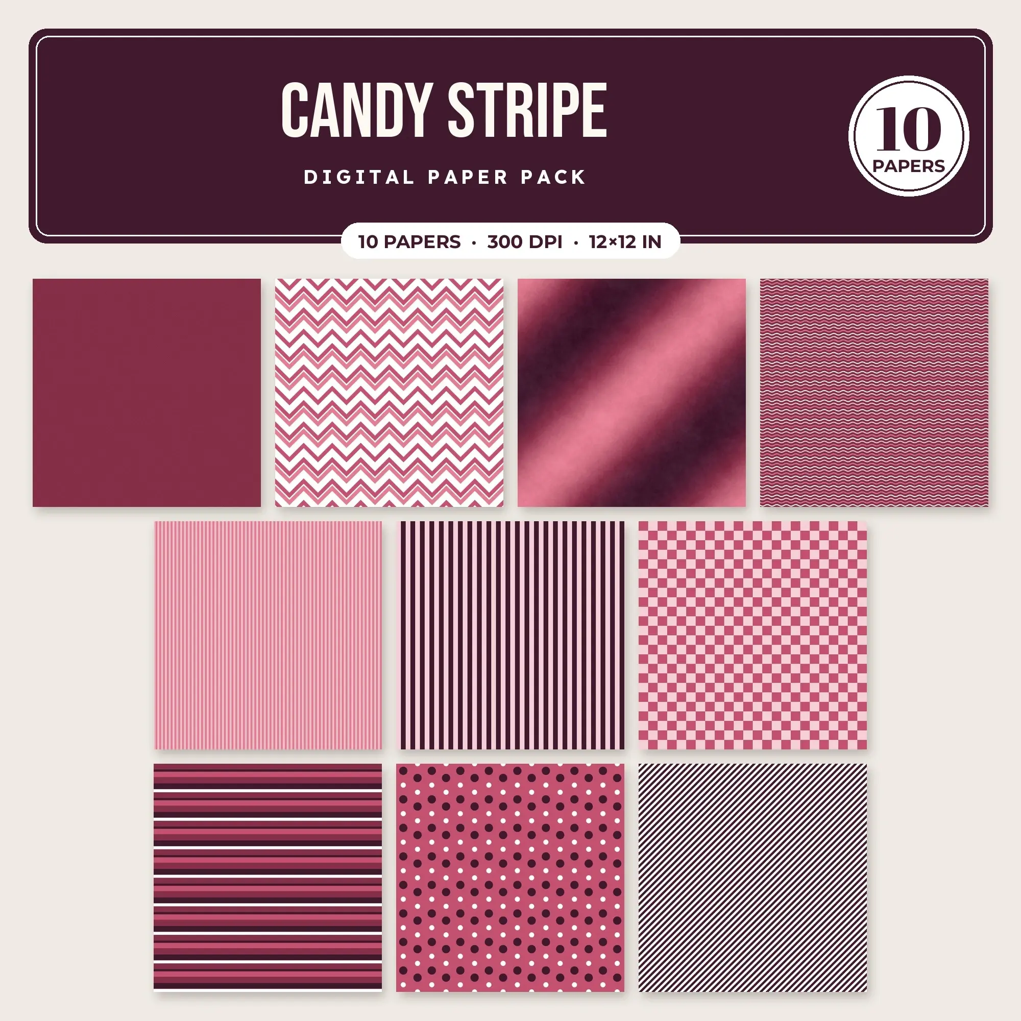 Rose Candy Stripe Seamless Digital Paper Pack, 10 Papers 12x12 preview