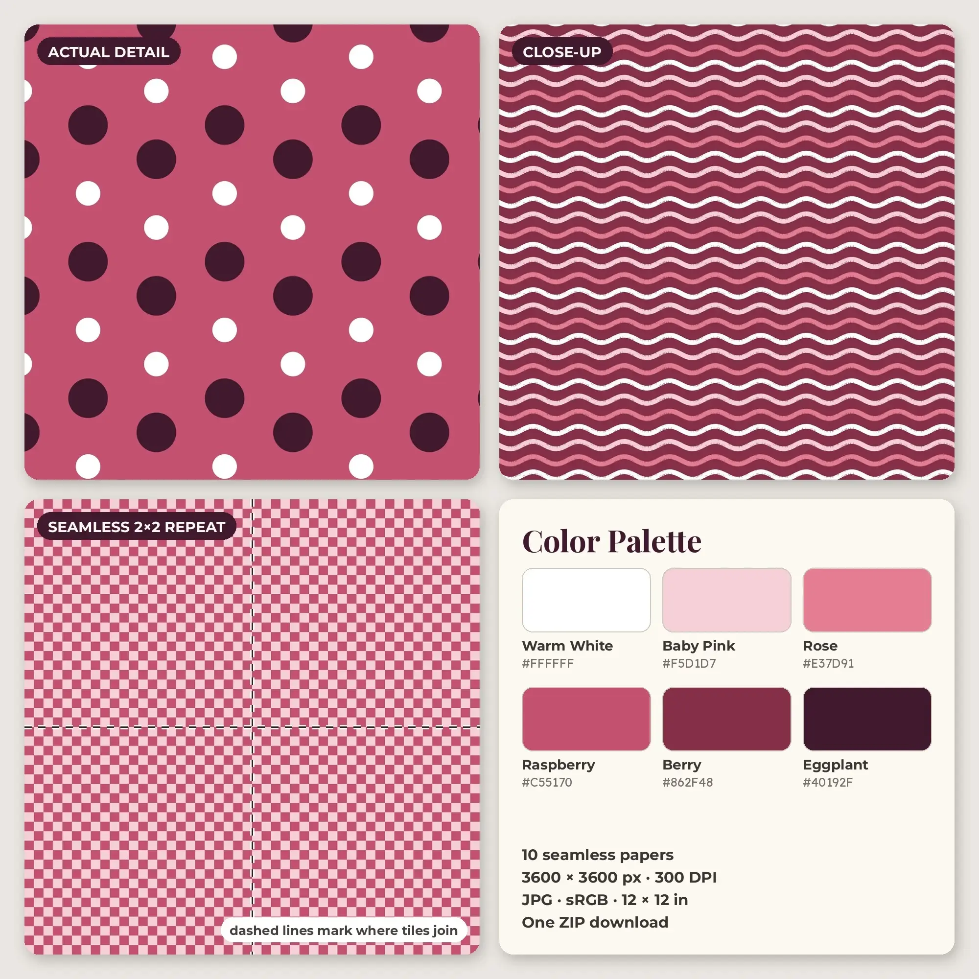 Rose Candy Stripe Seamless Digital Paper Pack, 10 Papers 12x12, preview 2 of 2