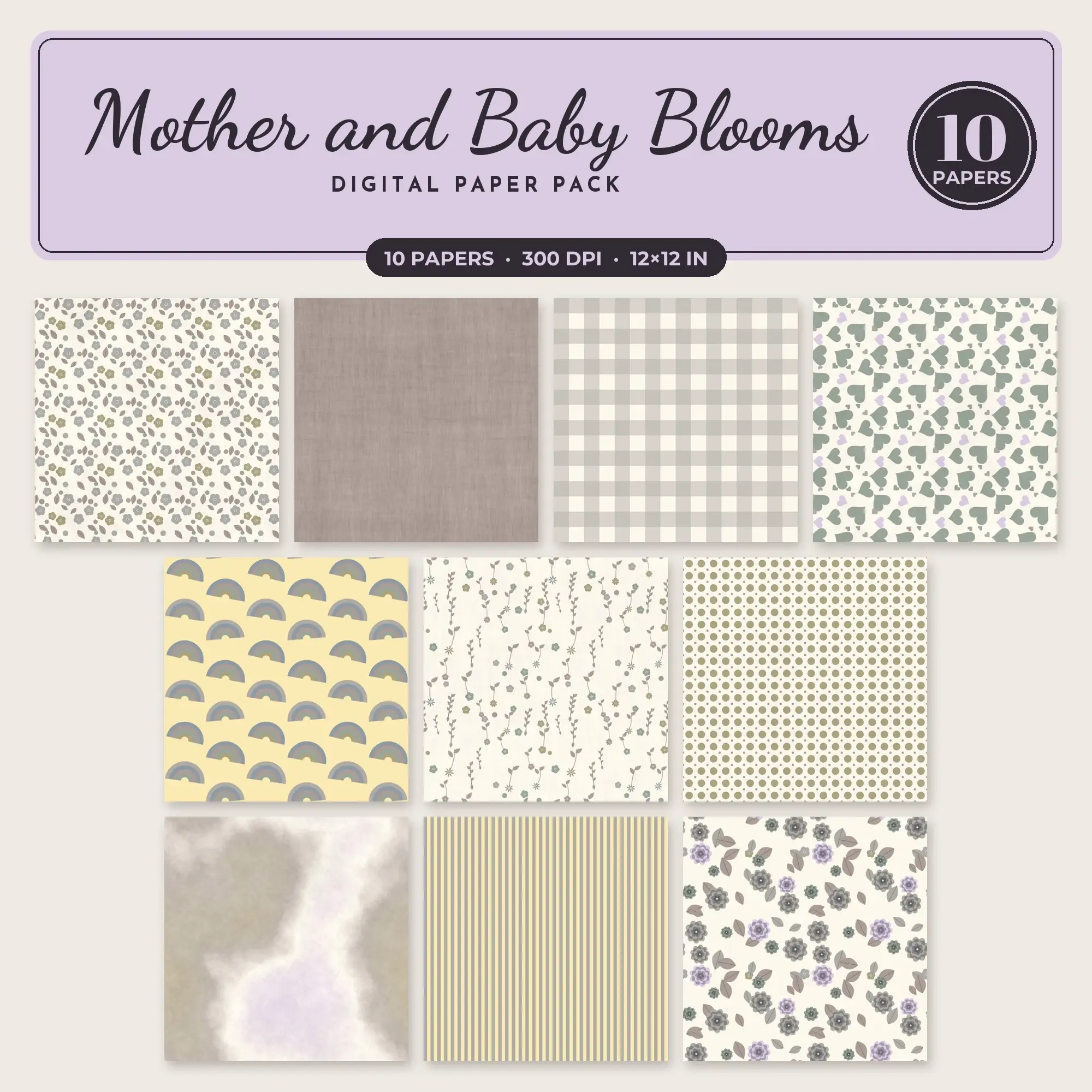 Lilac & Buttercream Mother and Baby Blooms Seamless Digital Paper – 10 Papers, 12x12 JPG preview