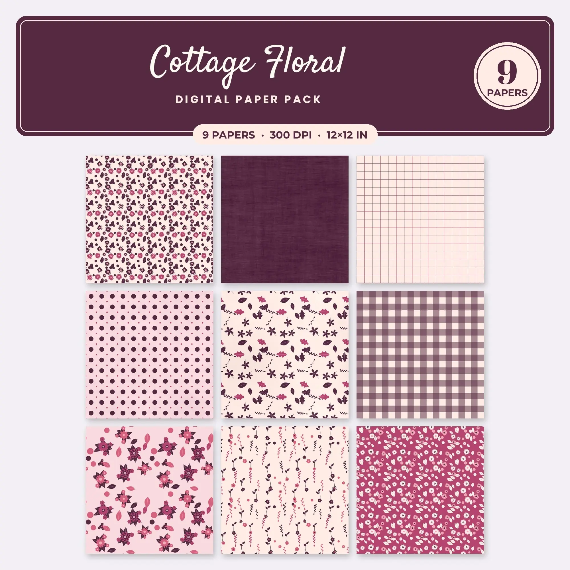 Dusty Rose & Rose Cottage Floral Seamless Digital Paper – 9 Papers, 12x12 JPG preview