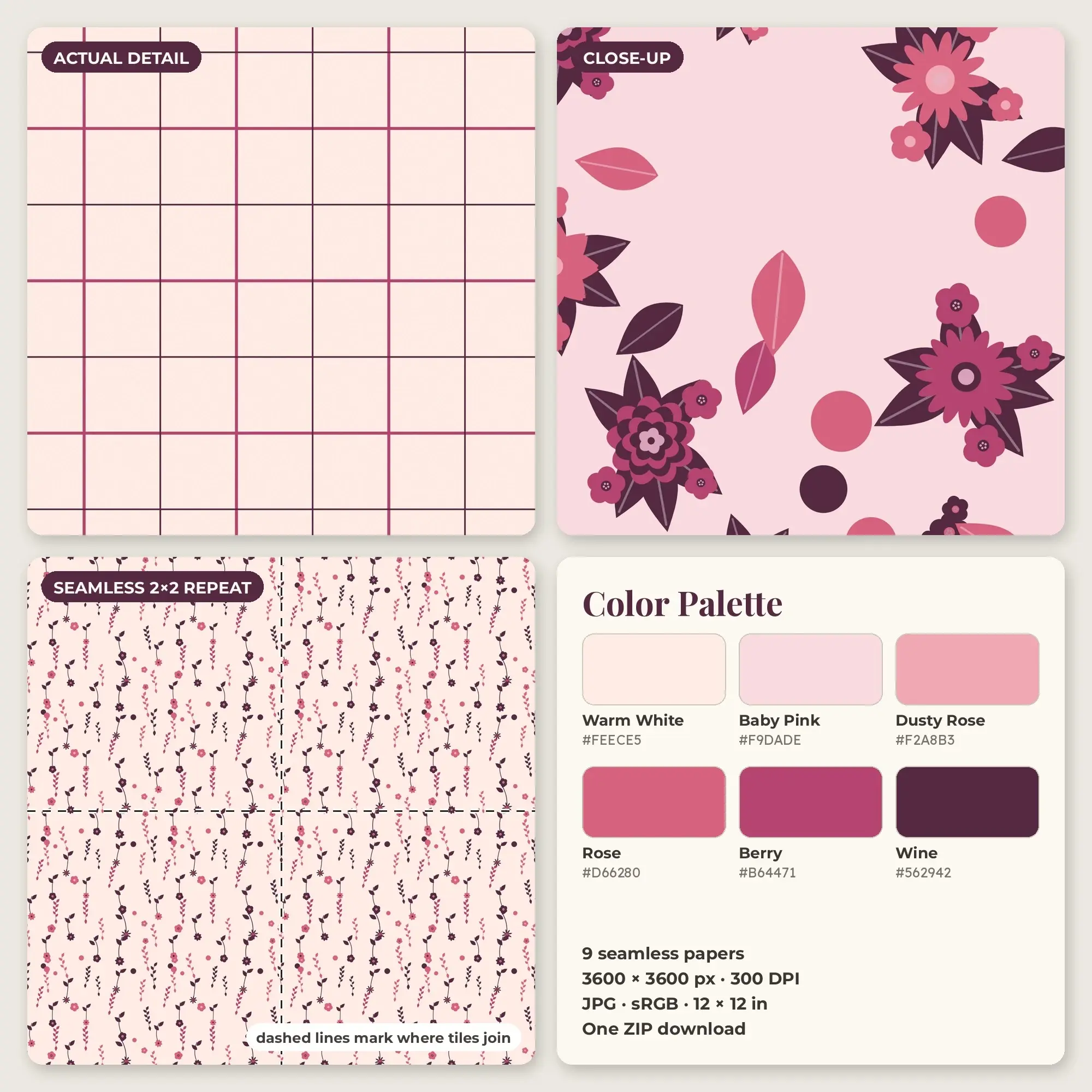 Dusty Rose & Rose Cottage Floral Seamless Digital Paper – 9 Papers, 12x12 JPG, preview 2 of 2