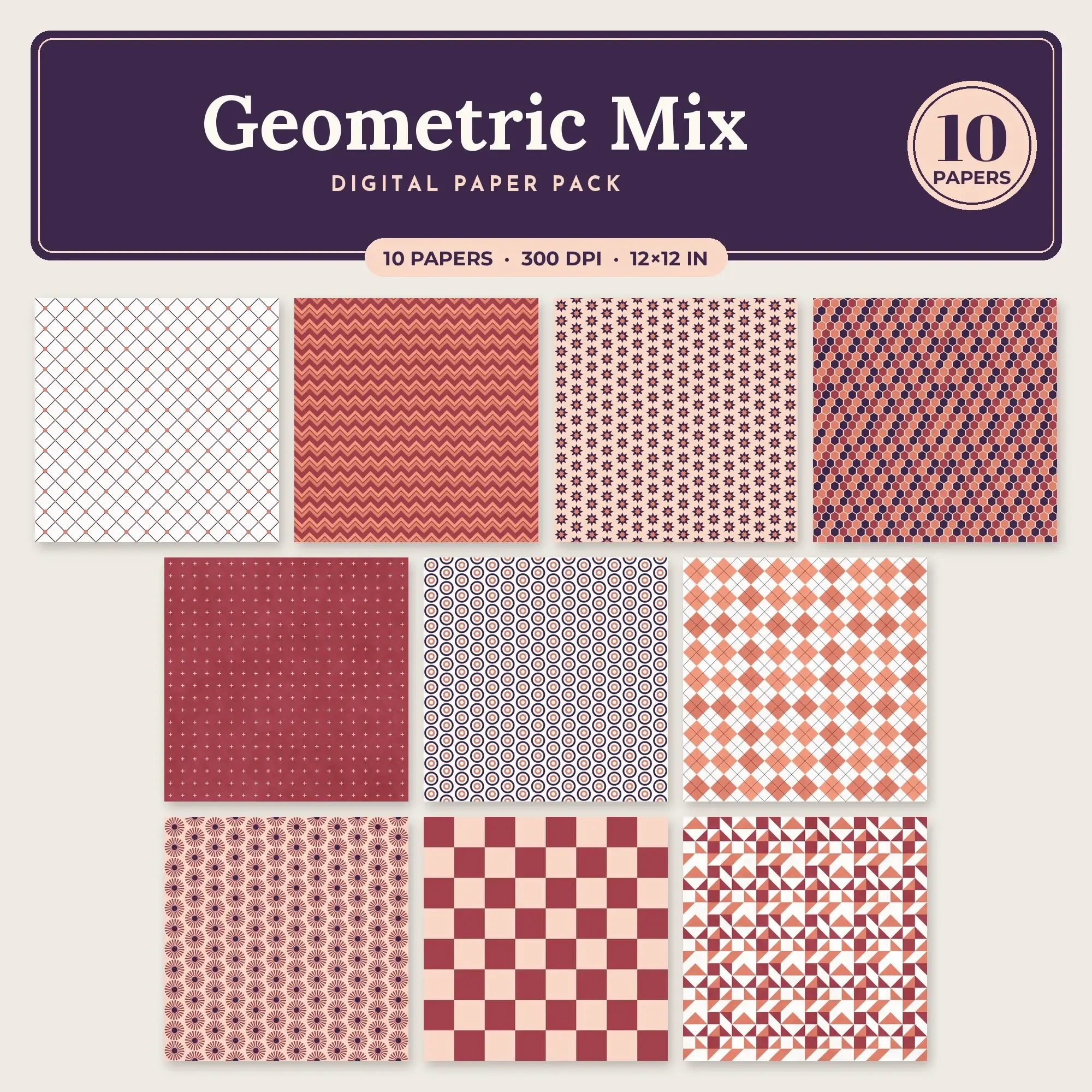 Salmon Geometric Mix Seamless Digital Paper Pack, 10 Papers 12x12 preview