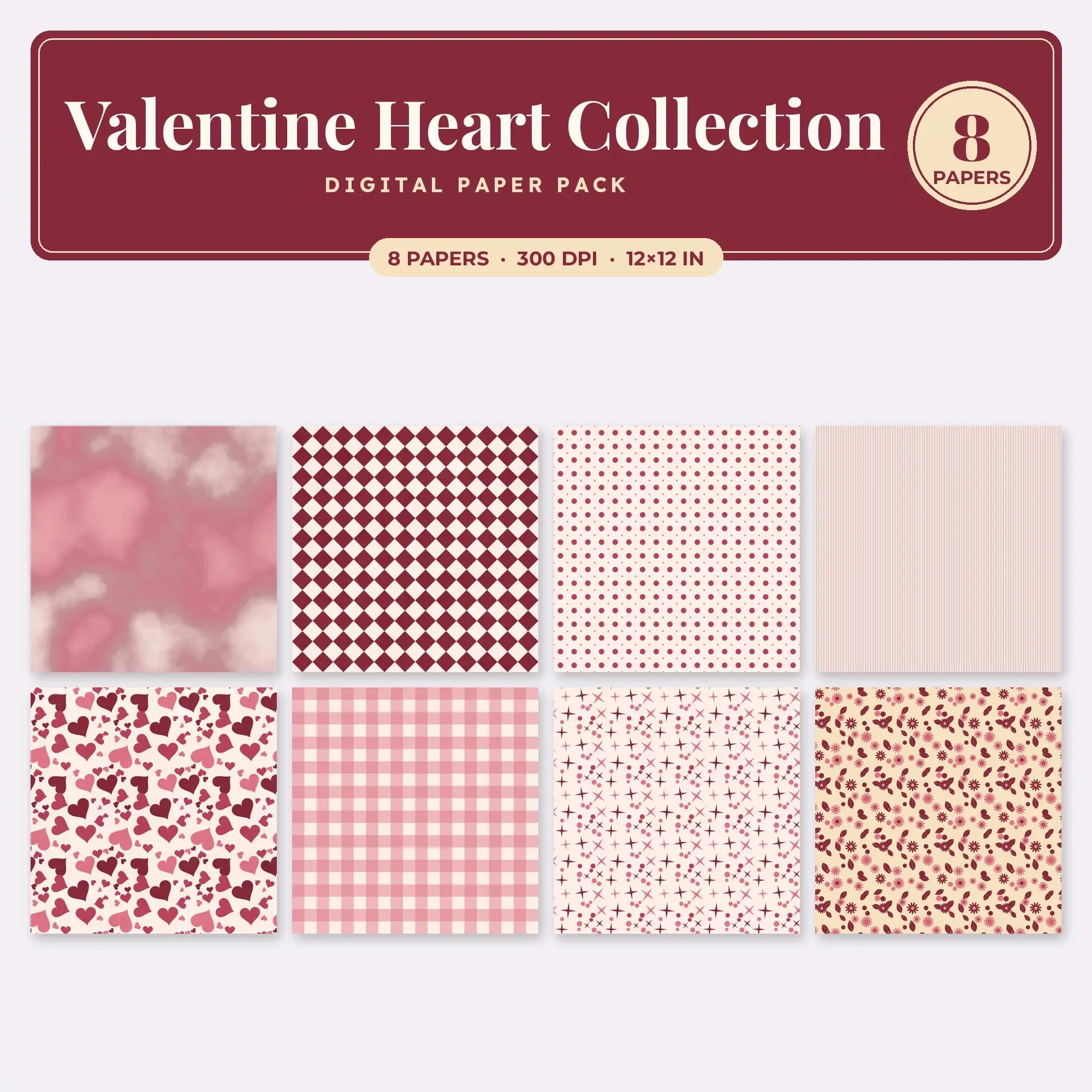 8 Rose Valentine Heart Collection Seamless Patterns – Digital Paper, preview 1 of 2