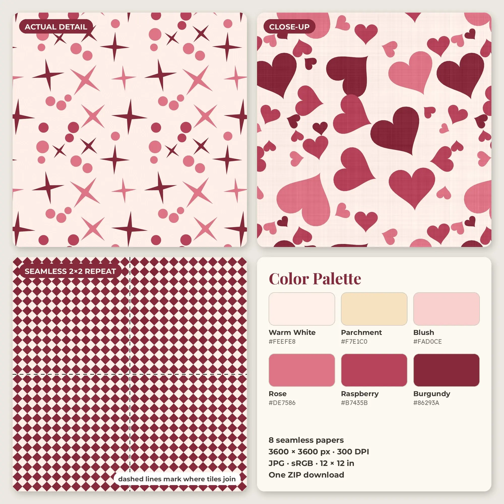 8 Rose Valentine Heart Collection Seamless Patterns – Digital Paper, preview 2 of 2