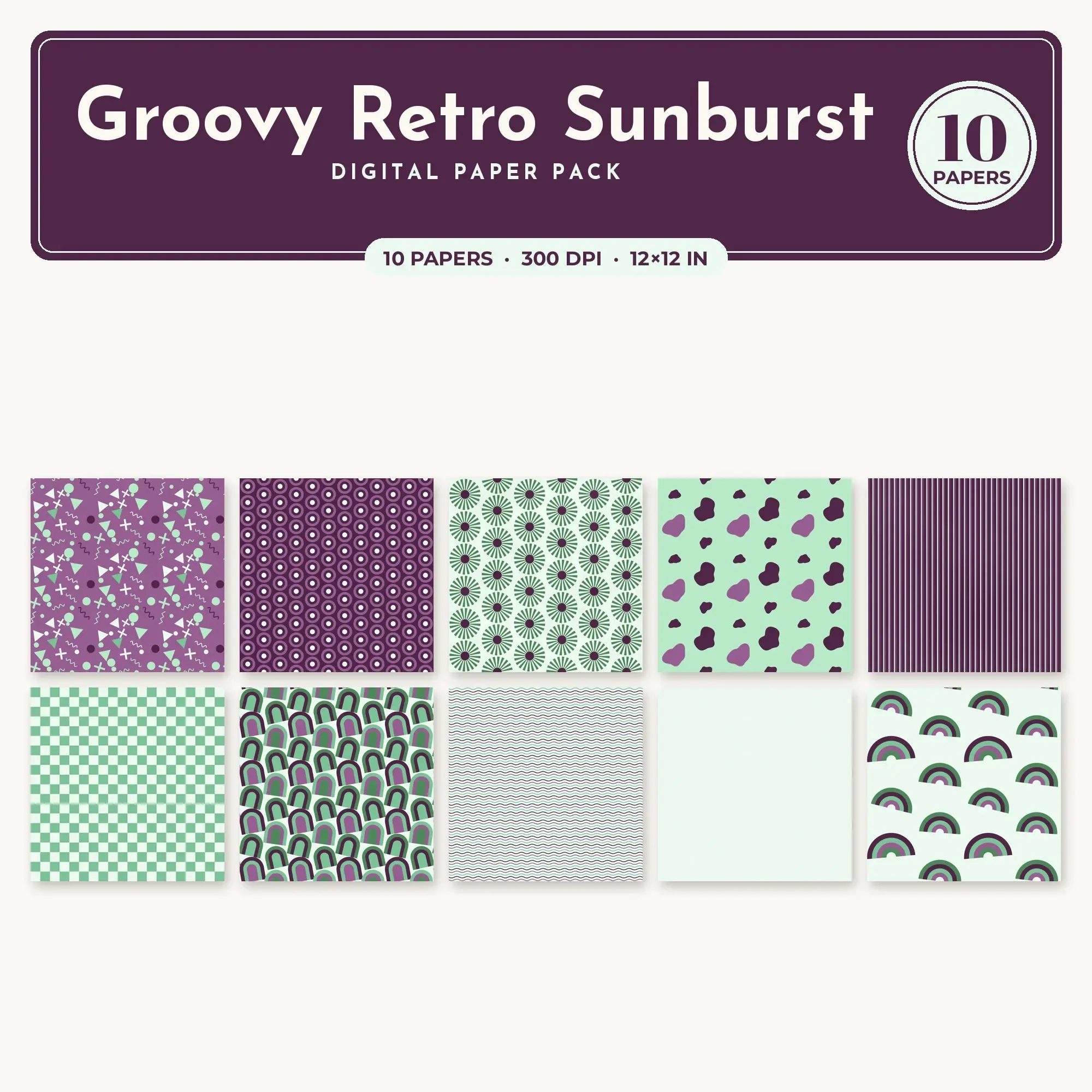 10 Mint Groovy Retro Sunburst Seamless Patterns – Digital Paper preview