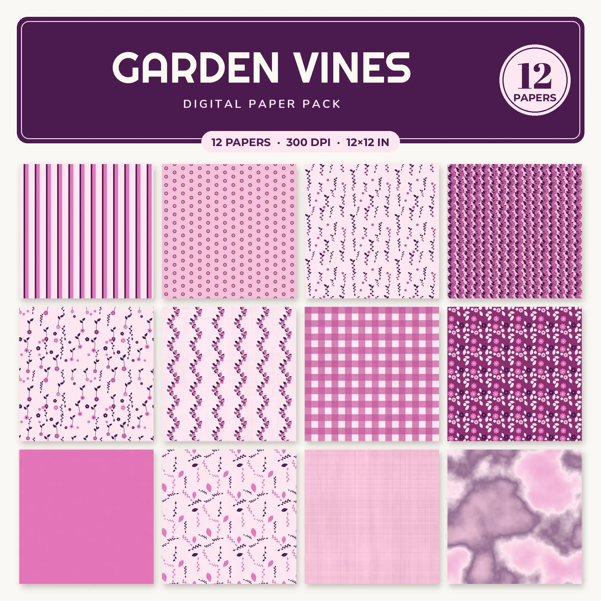 Baby Pink & Bubblegum Garden Vines Digital Paper Pack – 12 Seamless Patterns preview
