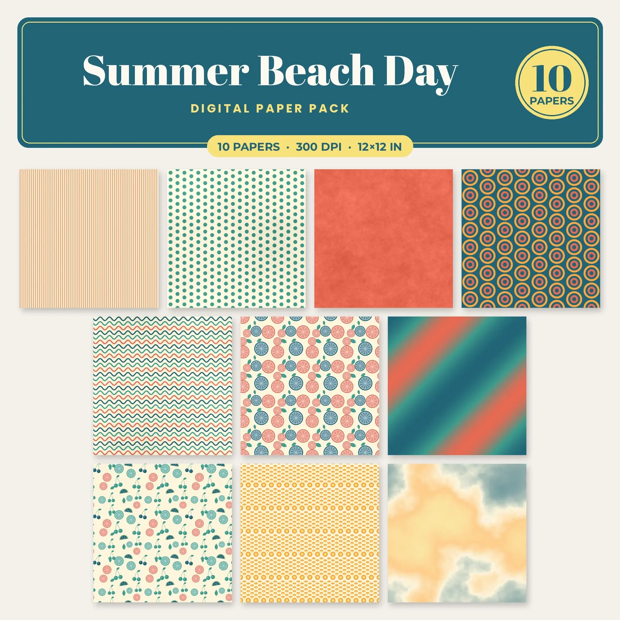 Tangerine & Butter Yellow Summer Beach Day Seamless Digital Paper – 10 Papers, 12x12 JPG preview