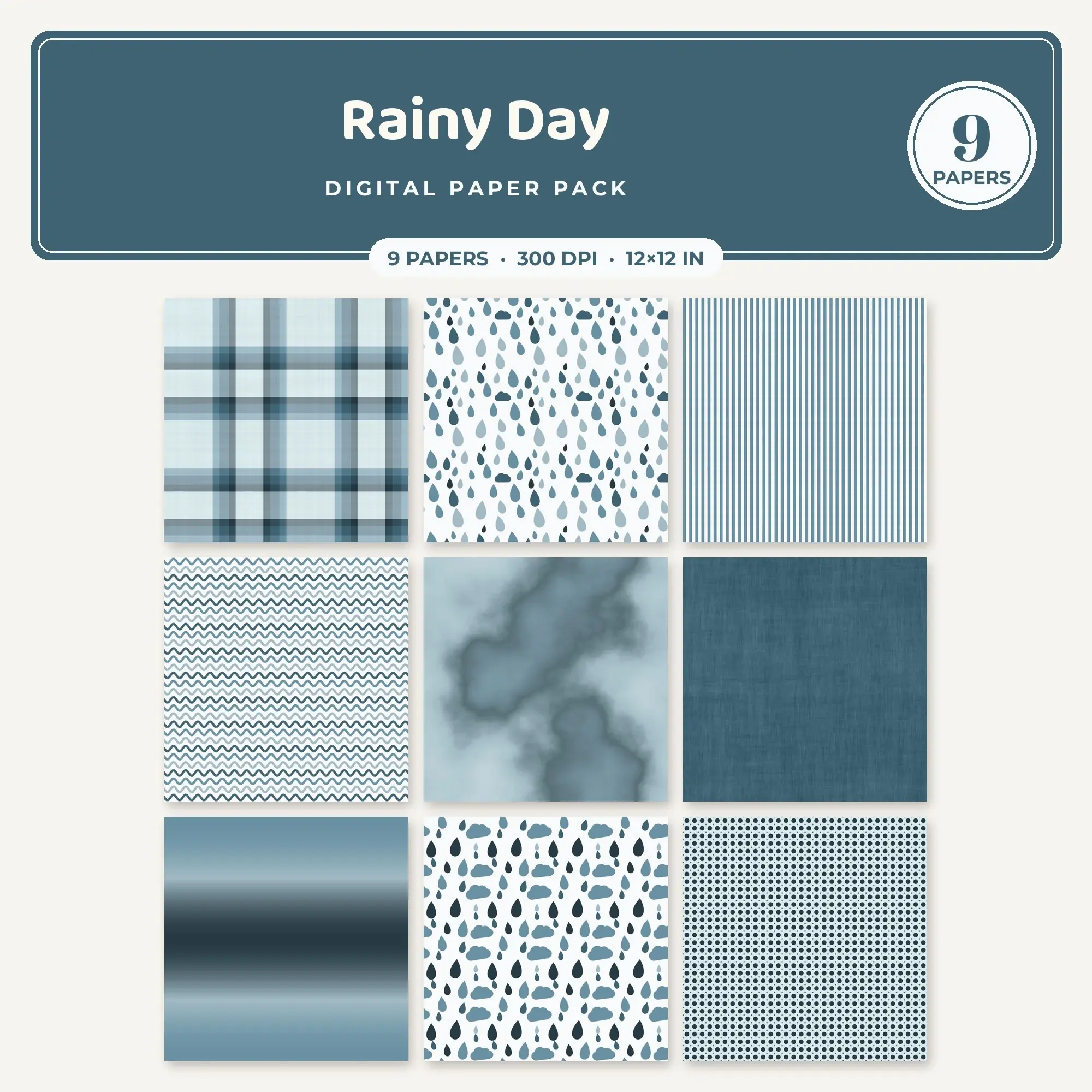 Rainy Day Digital Paper – 9 Seamless Steel Blue & Powder Blue Patterns preview